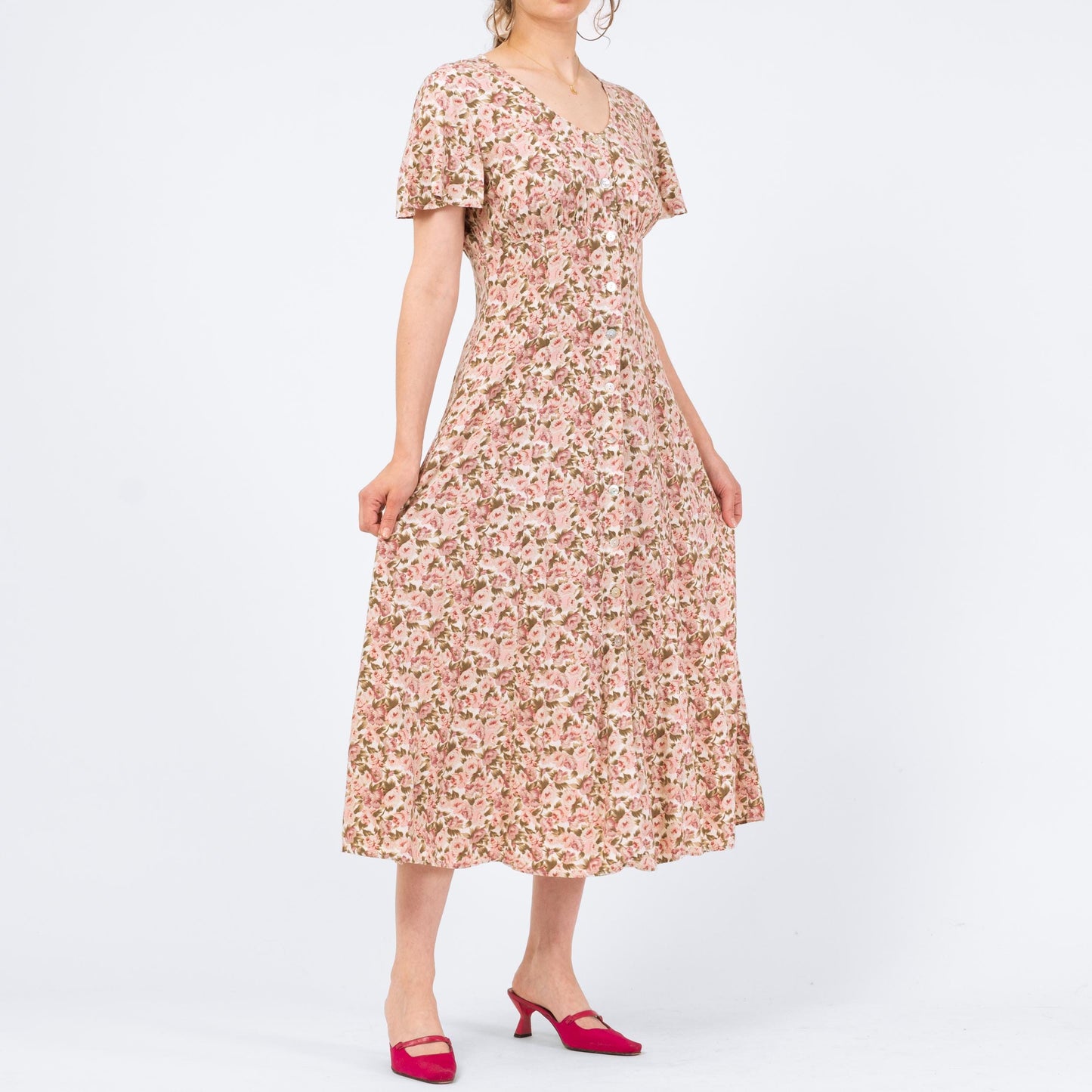 Vintage 90s Pink Floral Button Front Sundress - Medium | Flutter Sleeve Boho Grunge Dress