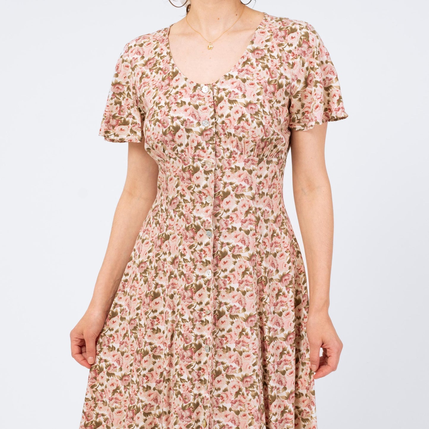 Vintage 90s Pink Floral Button Front Sundress - Medium | Flutter Sleeve Boho Grunge Dress