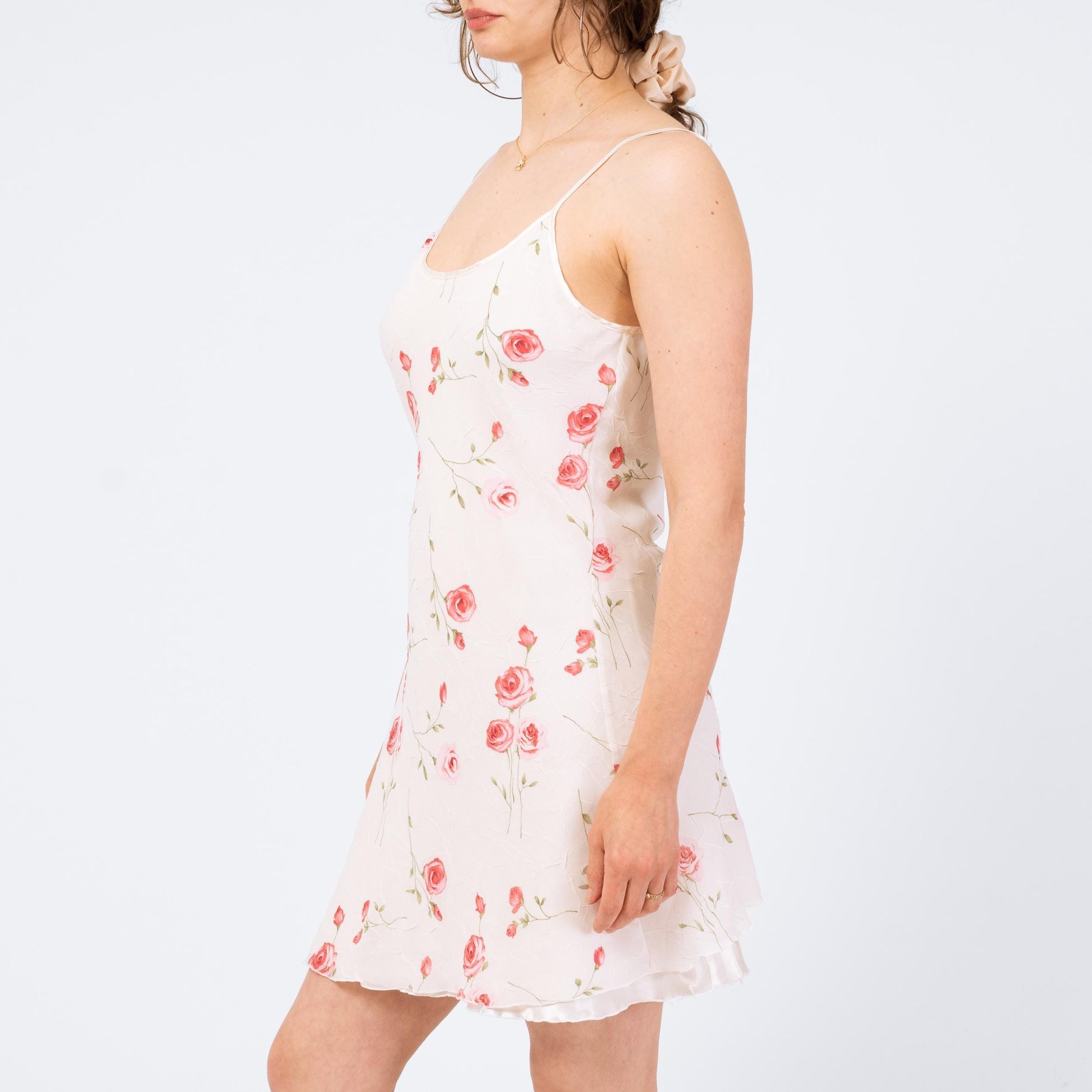 Vintage 90s Floral High Slit Chemise Slip Dress - Medium | Pink White Lingerie Mini Nightie