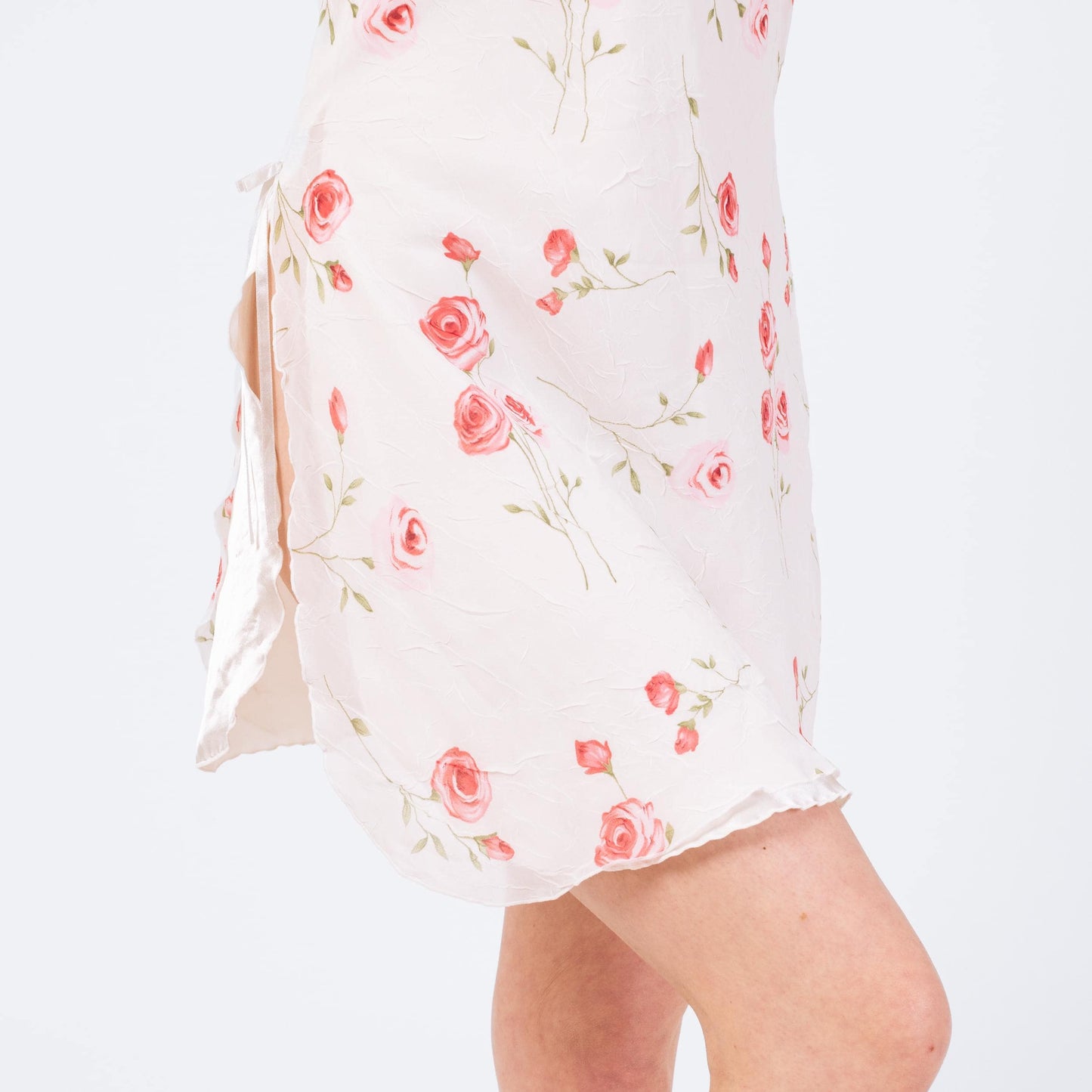 Vintage 90s Floral High Slit Chemise Slip Dress - Medium | Pink White Lingerie Mini Nightie