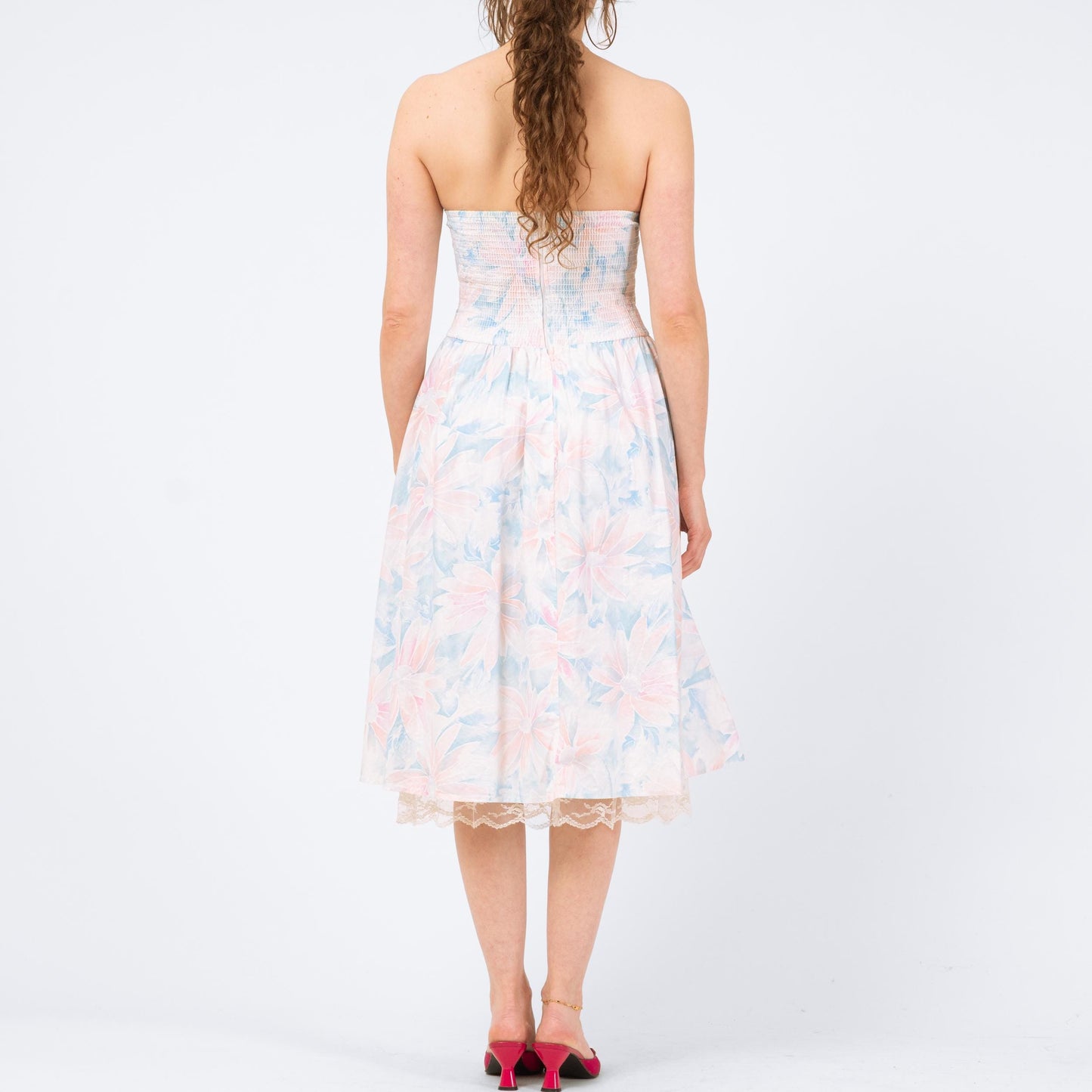 Vintage 80s Pastel Floral Strapless Fit & Flare Dress - Medium | Retro Midi Garden Party Dress