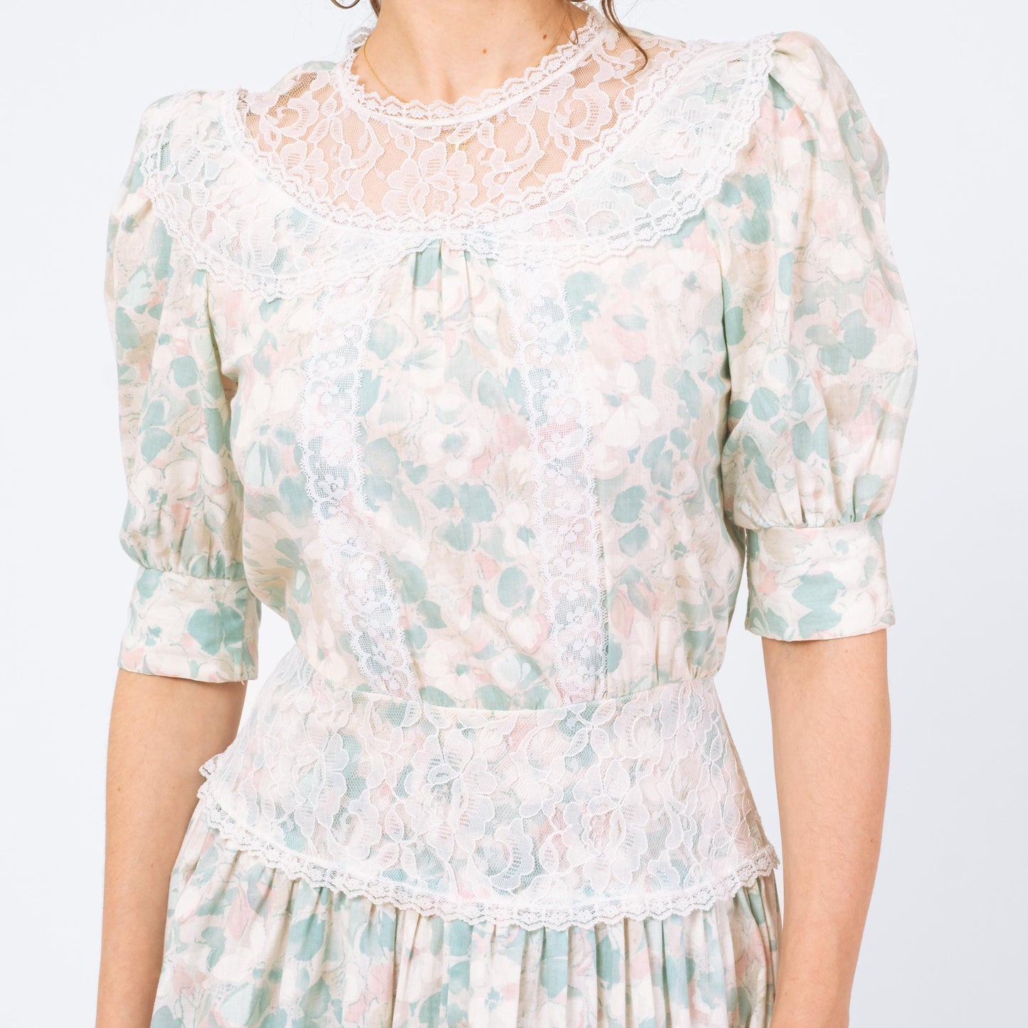 Vintage 80s Floral Sailor Collar Drop Waist Dress - Small | Pastel Blue Lace Trim Midi Dress