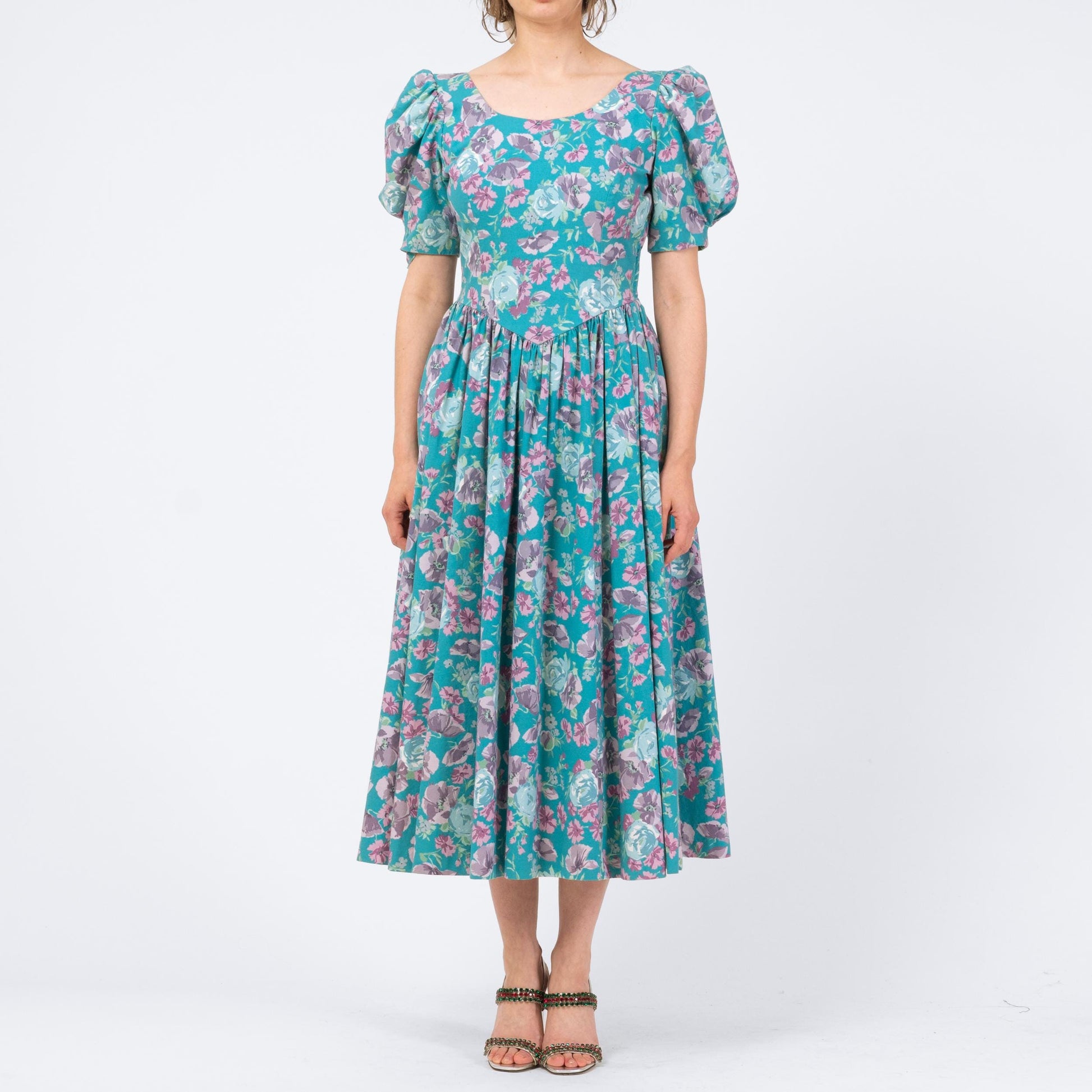 Vintage 80s Laura Ashley Turquoise Floral Puff Sleeve Sundress - Medium | Low Back Retro Basque Waist Midi Dress