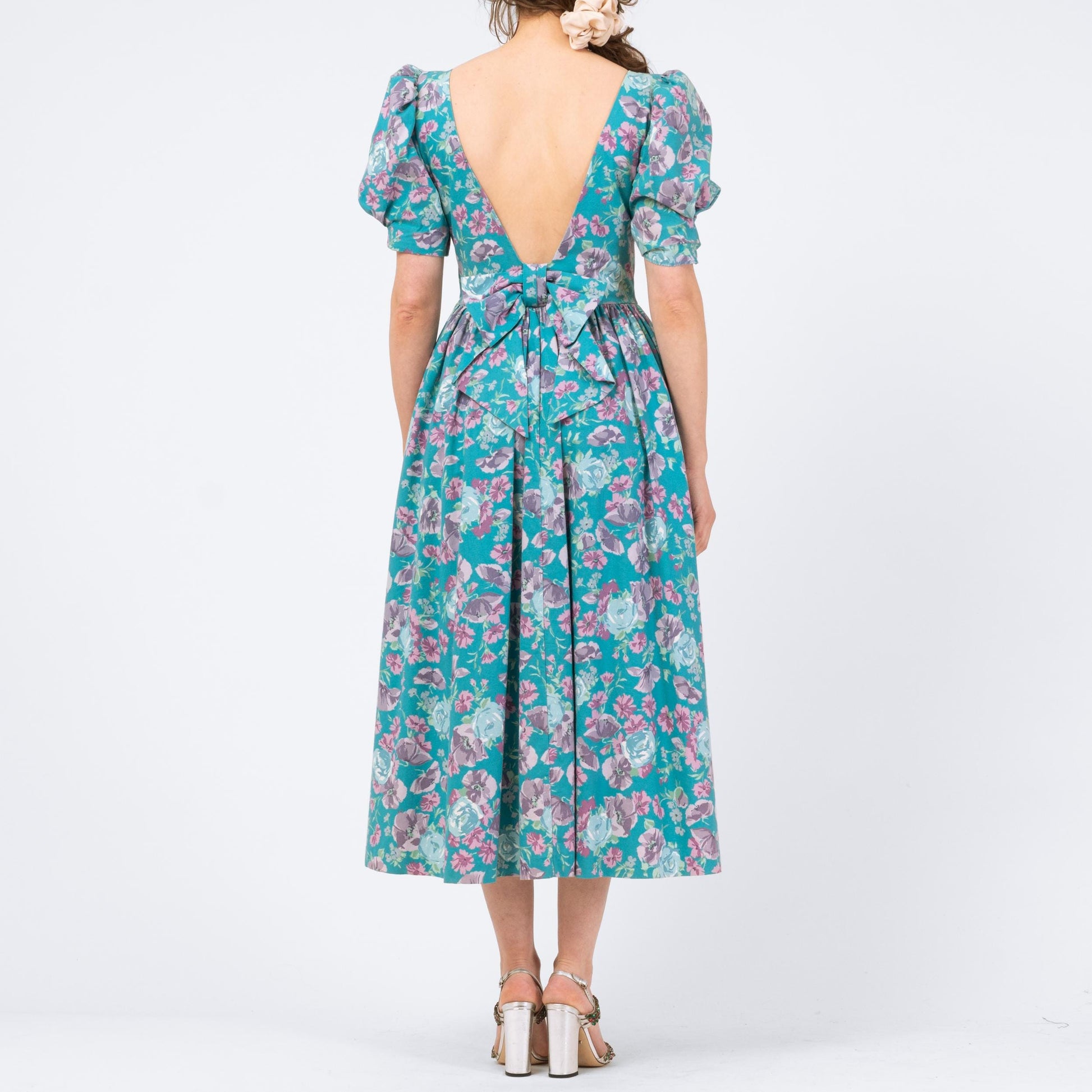 Vintage 80s Laura Ashley Turquoise Floral Puff Sleeve Sundress - Medium | Low Back Retro Basque Waist Midi Dress