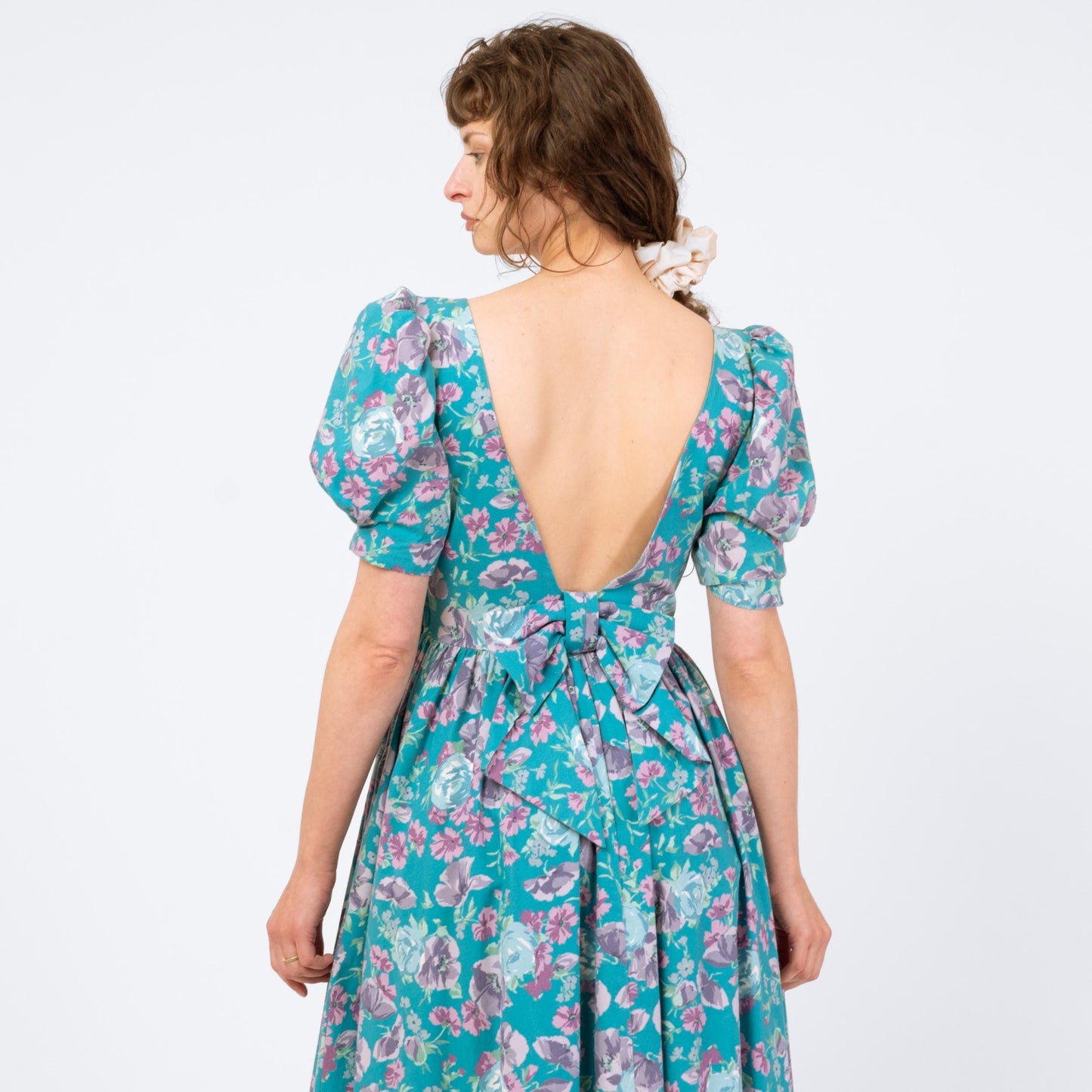 Vintage 80s Laura Ashley Turquoise Floral Puff Sleeve Sundress - Medium | Low Back Retro Basque Waist Midi Dress
