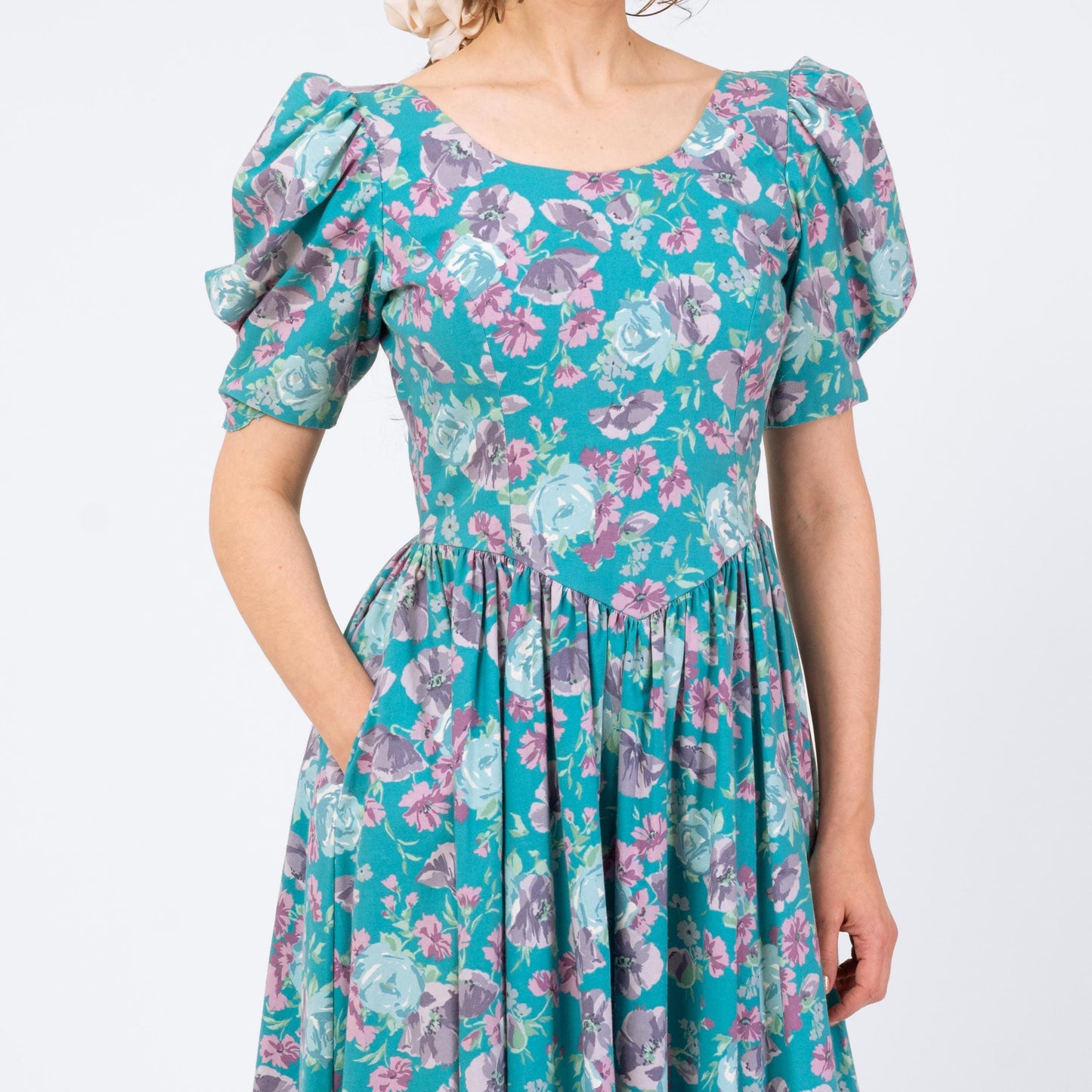 Vintage 80s Laura Ashley Turquoise Floral Puff Sleeve Sundress - Medium | Low Back Retro Basque Waist Midi Dress