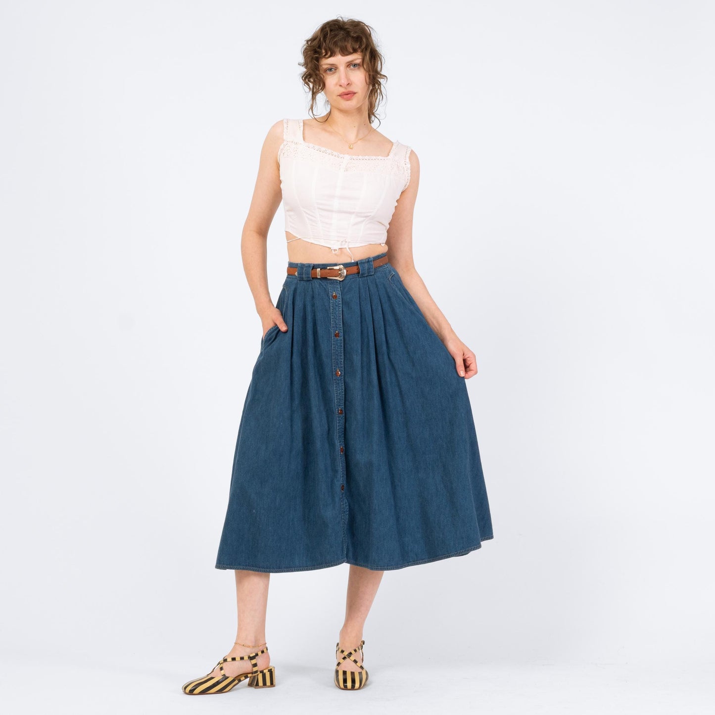 Vintage 90s Denim Button Front Midi Skirt - Medium | Blue Jean High Waisted Full Skirt