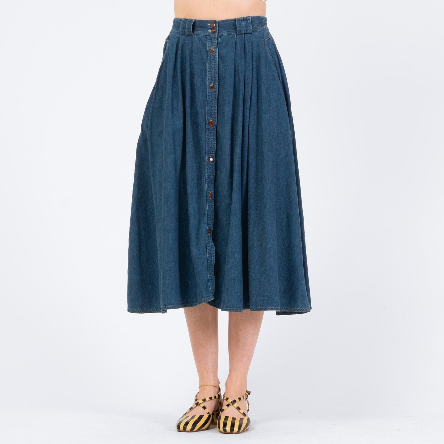 Vintage 90s Denim Button Front Midi Skirt - Medium | Blue Jean High Waisted Full Skirt