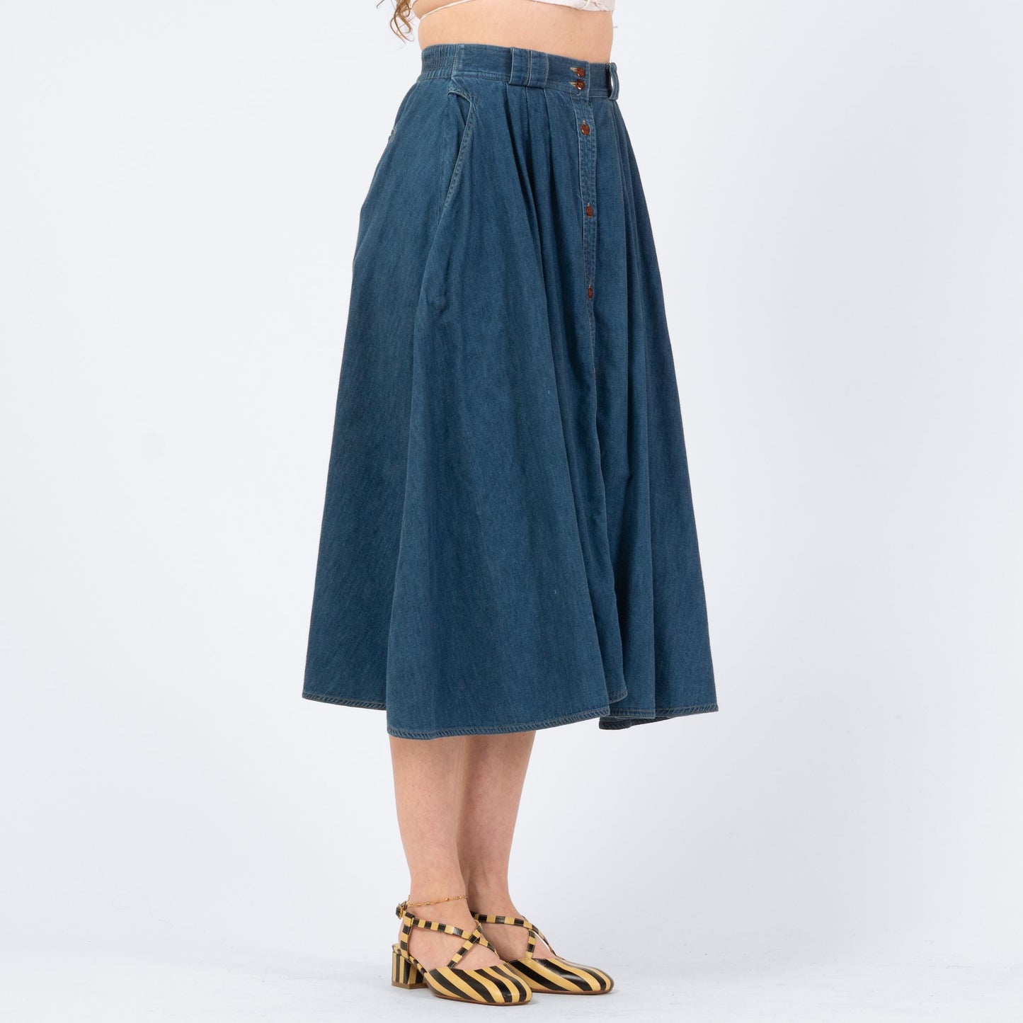 Vintage 90s Denim Button Front Midi Skirt - Medium | Blue Jean High Waisted Full Skirt