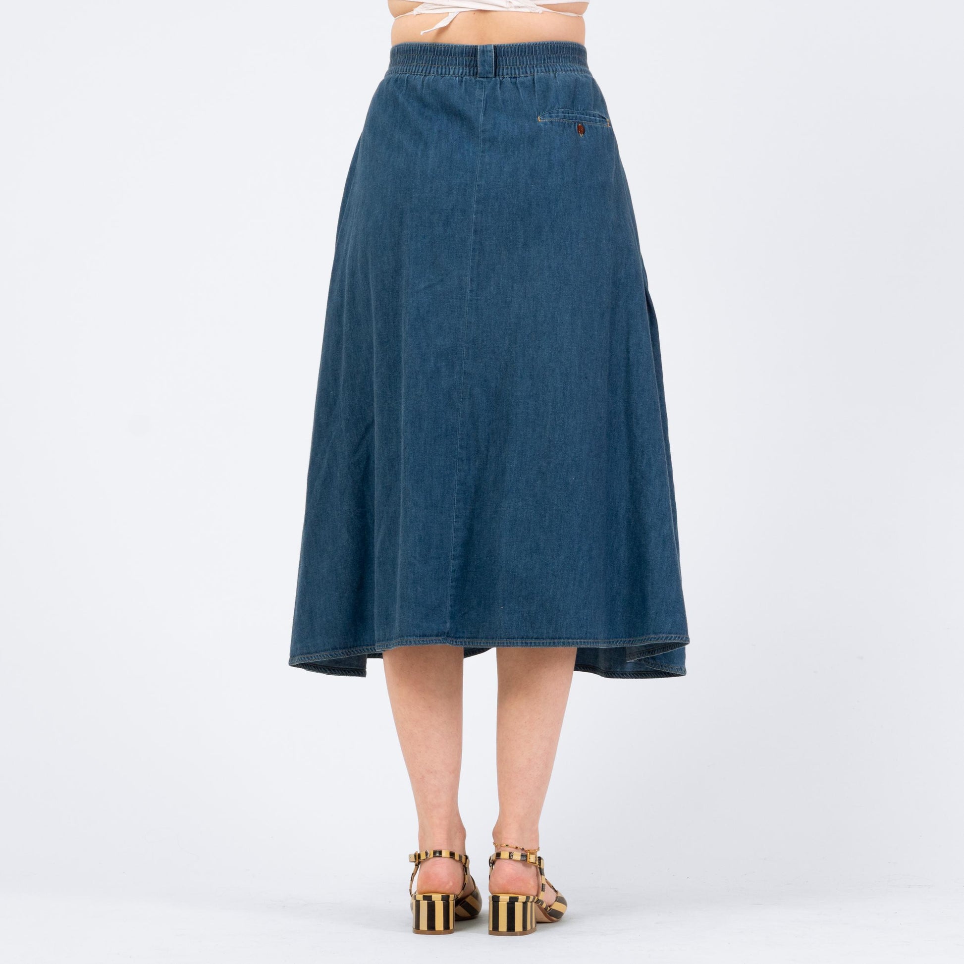 Vintage 90s Denim Button Front Midi Skirt - Medium | Blue Jean High Waisted Full Skirt