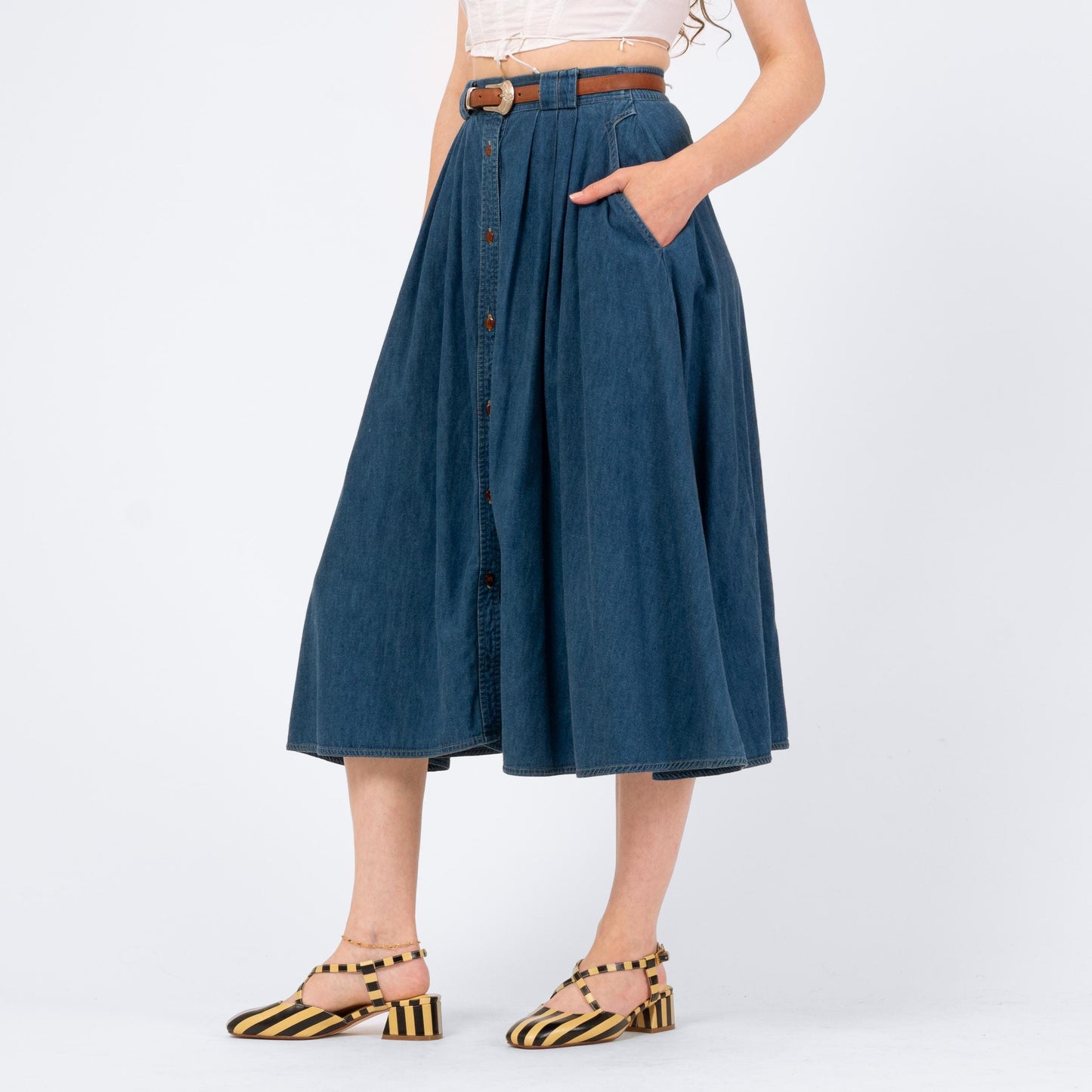 Vintage 90s Denim Button Front Midi Skirt - Medium | Blue Jean High Waisted Full Skirt