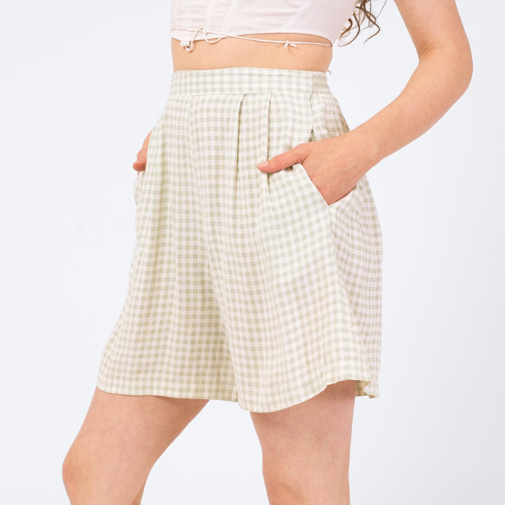 Vintage 90s Mint Green Gingham Shorts - Small to Medium | High Rise Elastic Waist Casual Summer Shorts