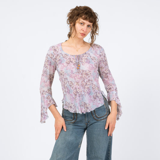 Vintage 90s Pastel Floral Angel Sleeve Fairy Top - Medium | Boho Purple Keyhole Neck Blouse