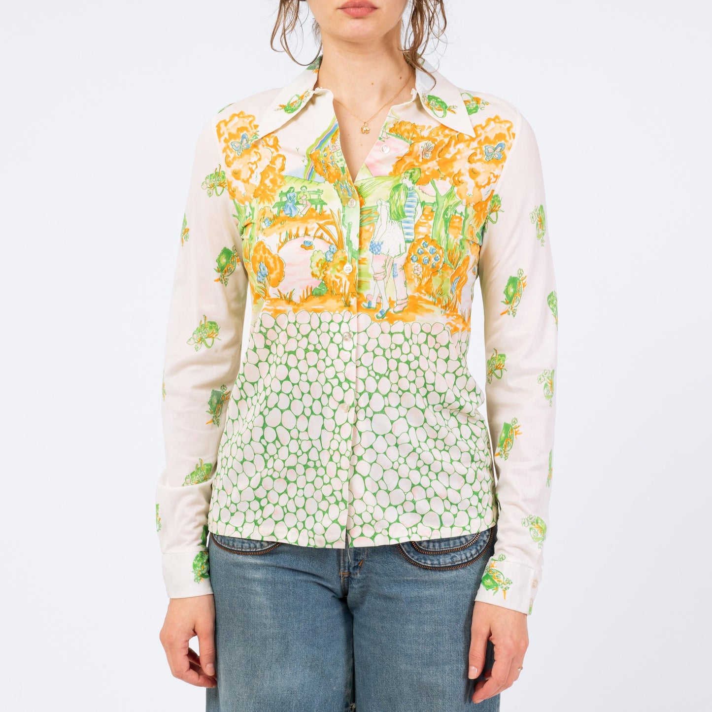 Vintage 70s Walk In The Park Novelty Print Shirt - Small | Long Sleeve Dagger Collar Button Up Disco Shirt