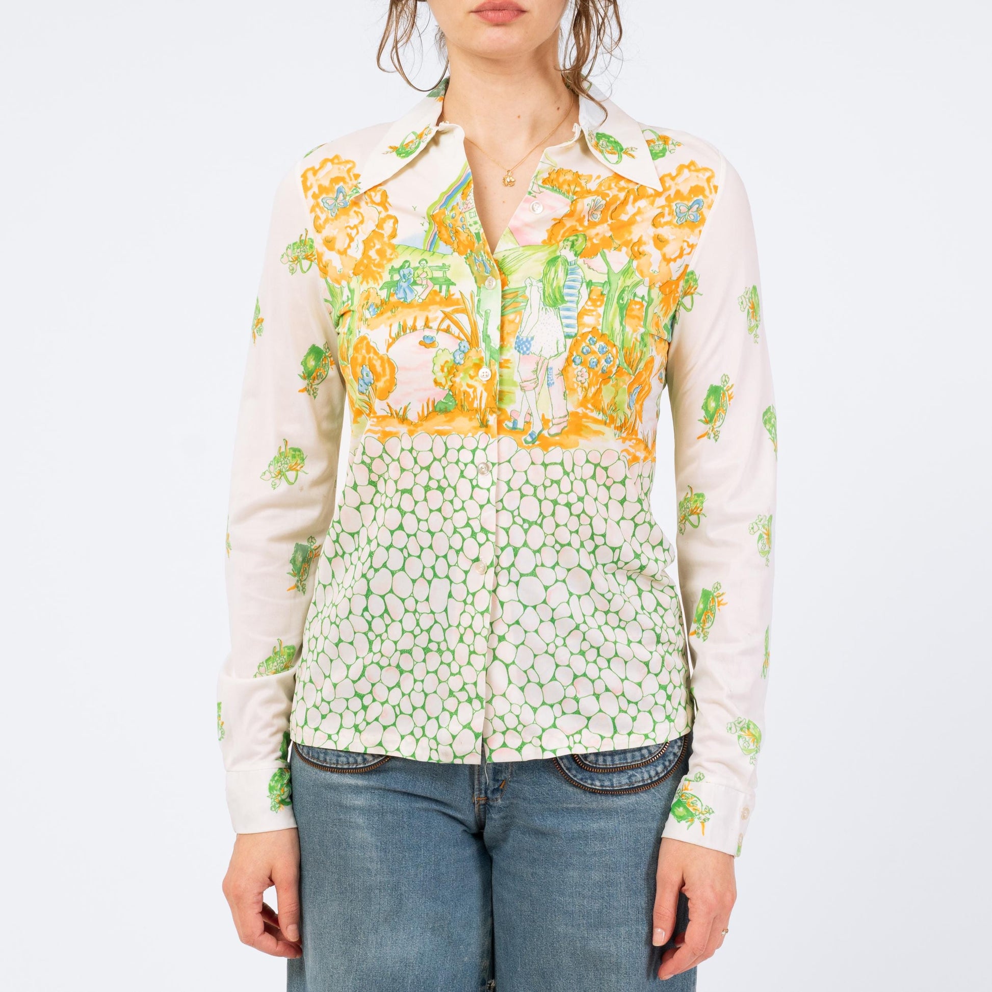 Vintage 70s Walk In The Park Novelty Print Shirt - Small | Long Sleeve Dagger Collar Button Up Disco Shirt