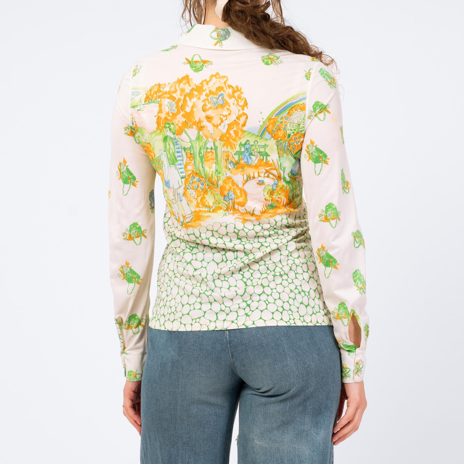 Vintage 70s Walk In The Park Novelty Print Shirt - Small | Long Sleeve Dagger Collar Button Up Disco Shirt