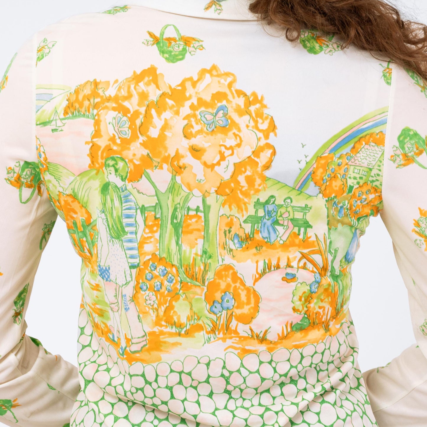 Vintage 70s Walk In The Park Novelty Print Shirt - Small | Long Sleeve Dagger Collar Button Up Disco Shirt