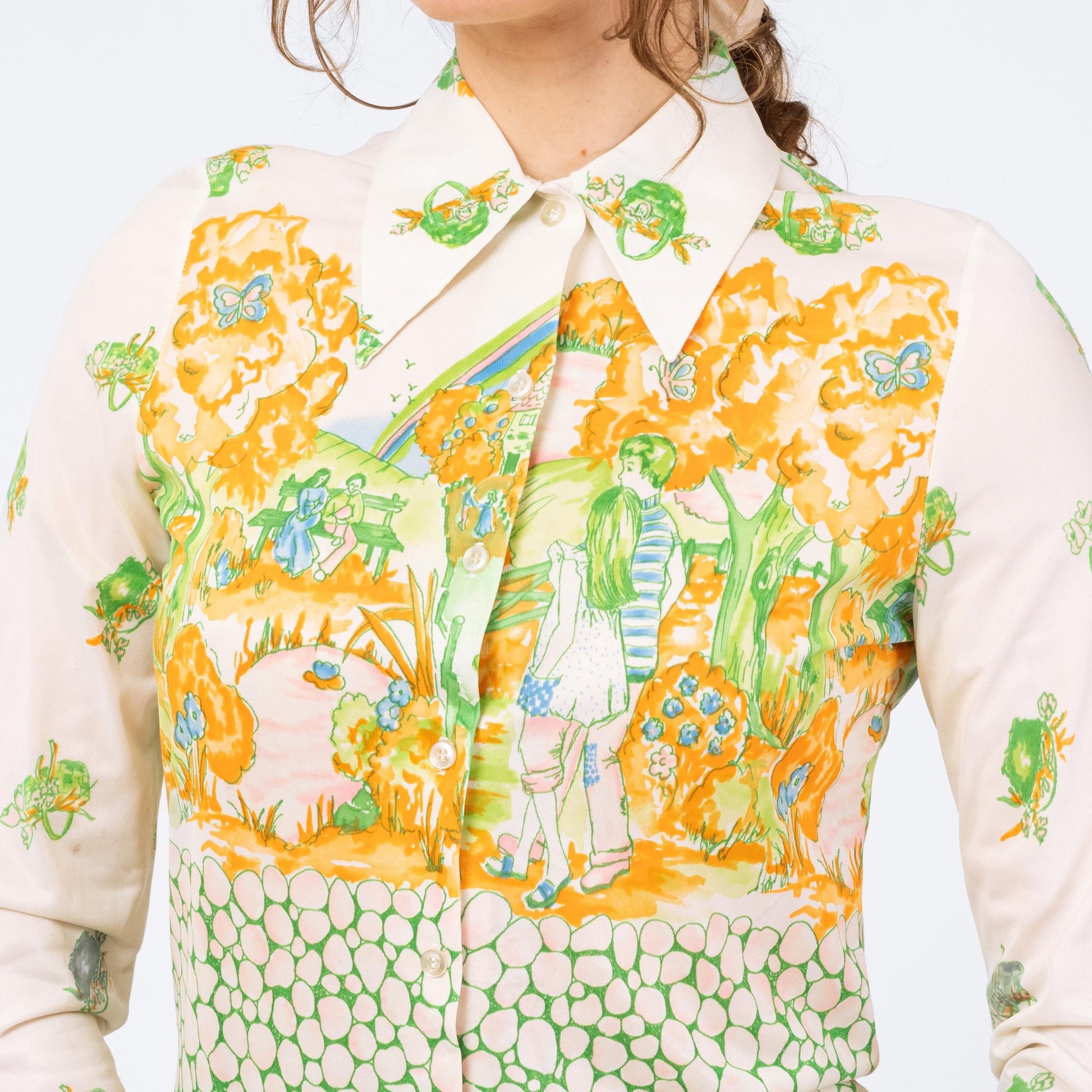 Vintage 70s Walk In The Park Novelty Print Shirt - Small | Long Sleeve Dagger Collar Button Up Disco Shirt