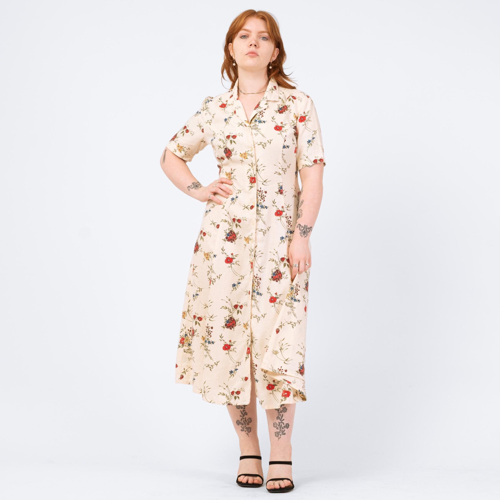 Vintage 90s Cream Floral Linen Midi Dress - Medium | Eddie Bauer Boho Button Up Short Sleeve Shirtdress