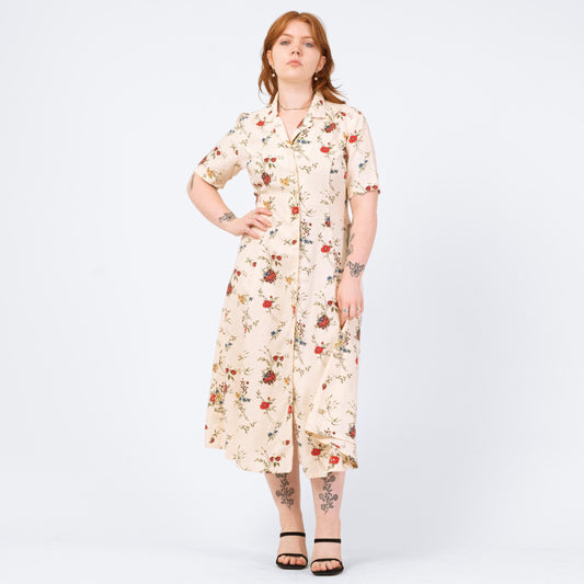 Vintage 90s Cream Floral Linen Midi Dress - Medium | Eddie Bauer Boho Button Up Short Sleeve Shirtdress