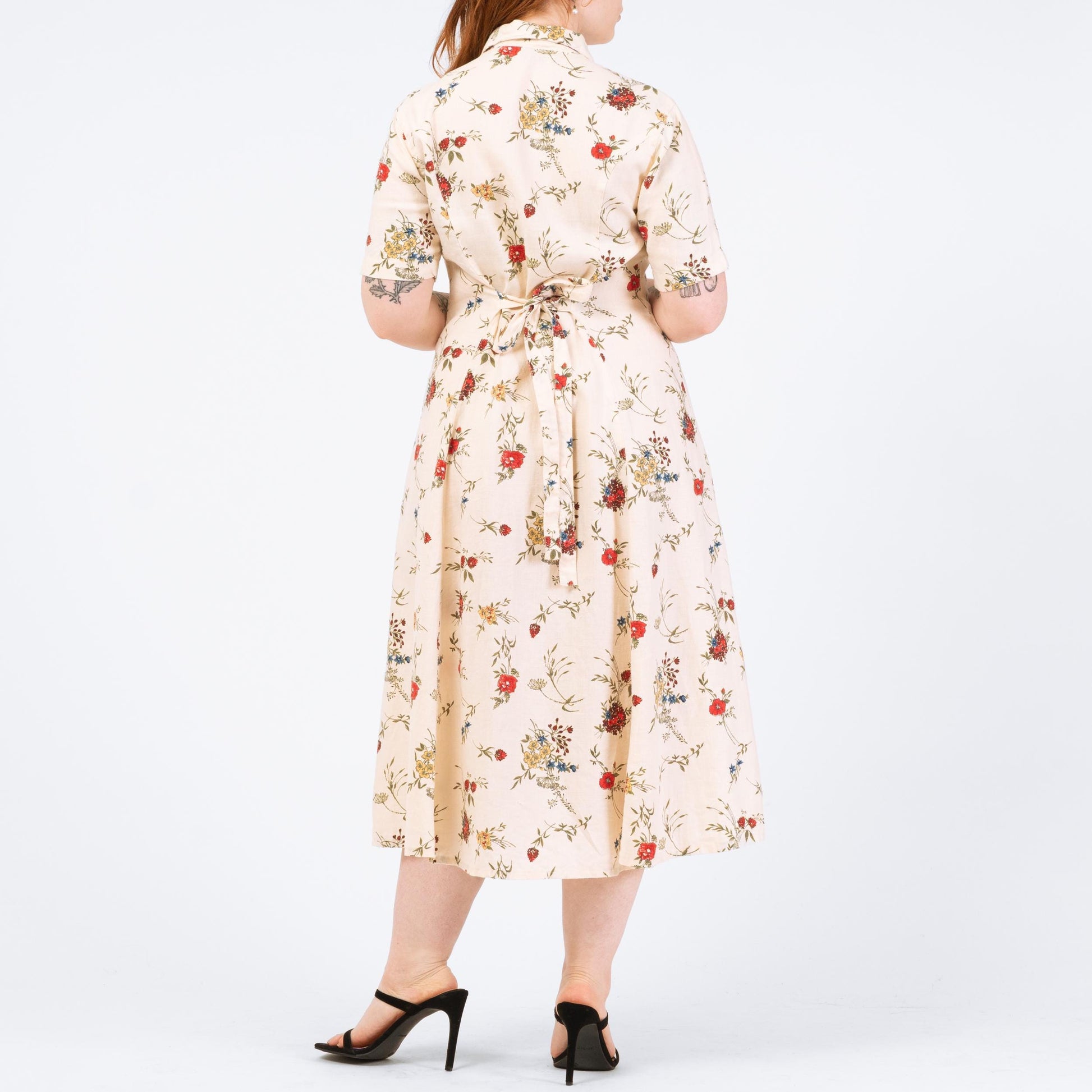 Vintage 90s Cream Floral Linen Midi Dress - Medium | Eddie Bauer Boho Button Up Short Sleeve Shirtdress