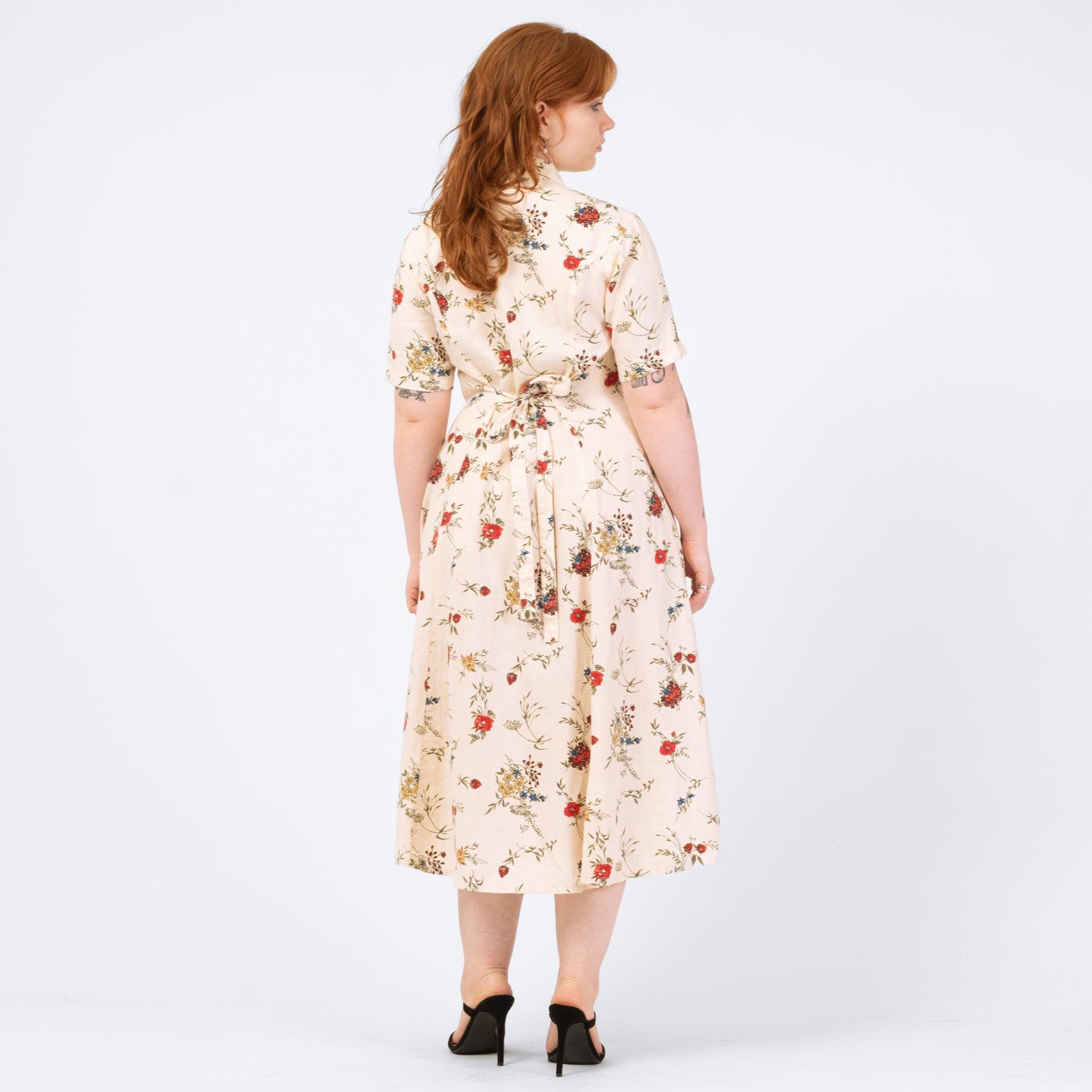 Vintage 90s Cream Floral Linen Midi Dress - Medium | Eddie Bauer Boho Button Up Short Sleeve Shirtdress