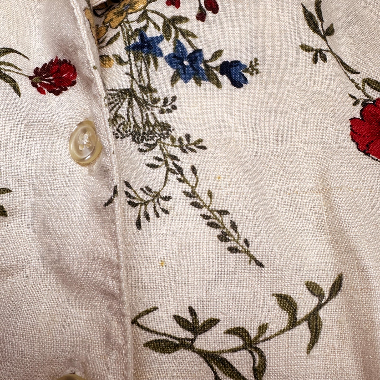 Vintage 90s Cream Floral Linen Midi Dress - Medium | Eddie Bauer Boho Button Up Short Sleeve Shirtdress