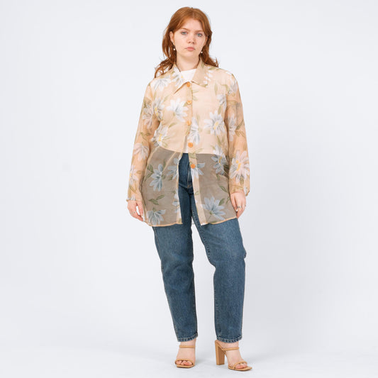 Vintage 90s Sheer Floral Organza Longline Blouse - Large | Peach Button Up Overshirt Top