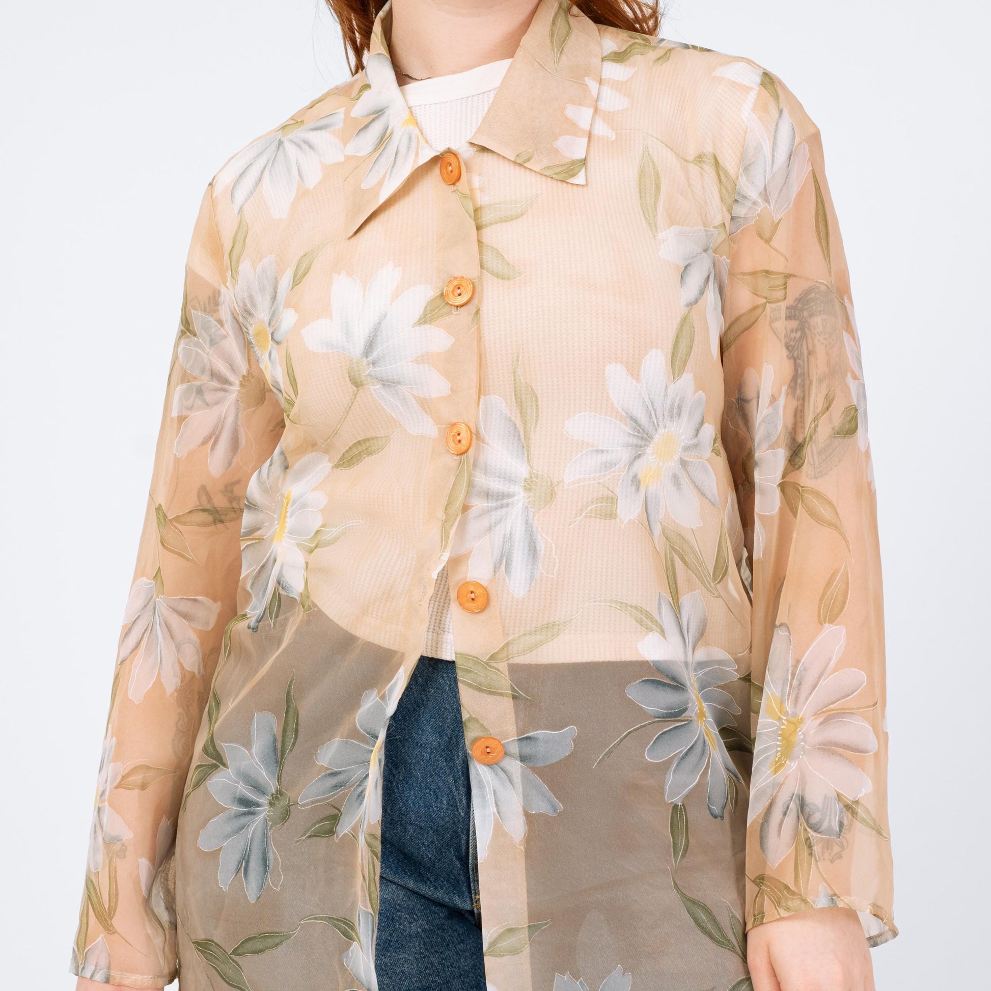 Vintage 90s Sheer Floral Organza Longline Blouse - Large | Peach Button Up Overshirt Top