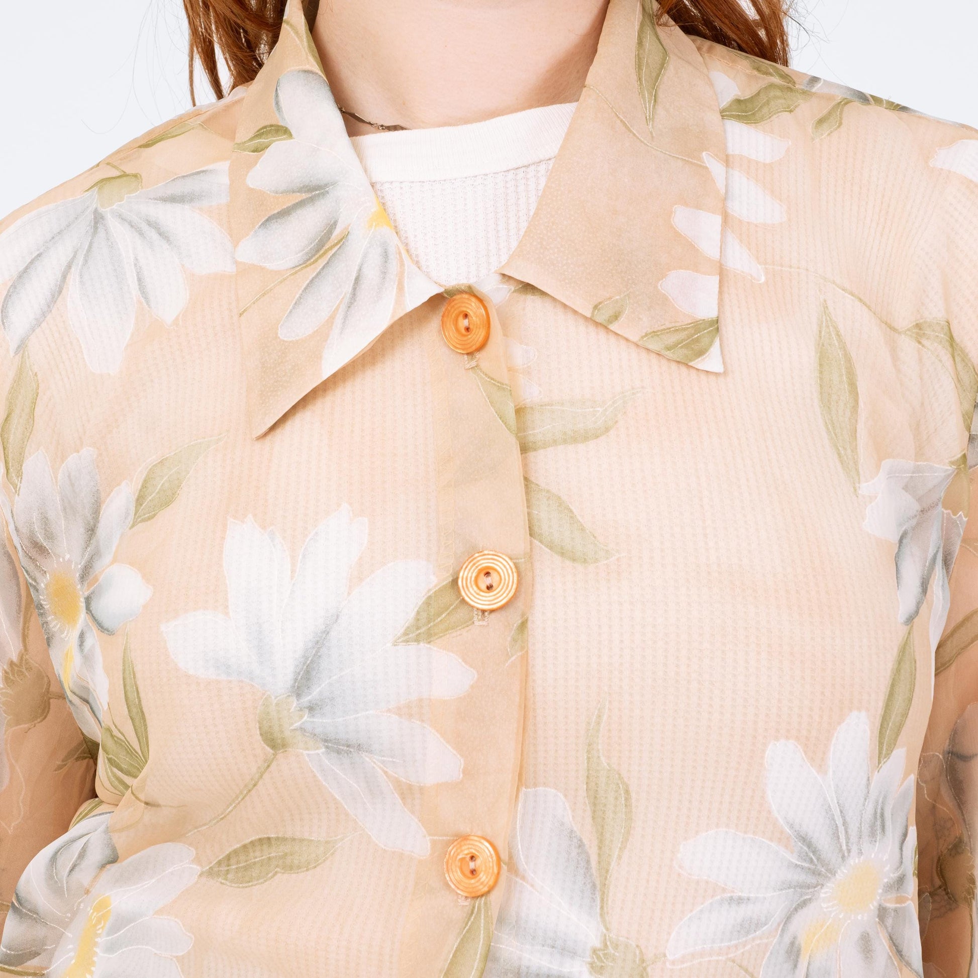 Vintage 90s Sheer Floral Organza Longline Blouse - Large | Peach Button Up Overshirt Top
