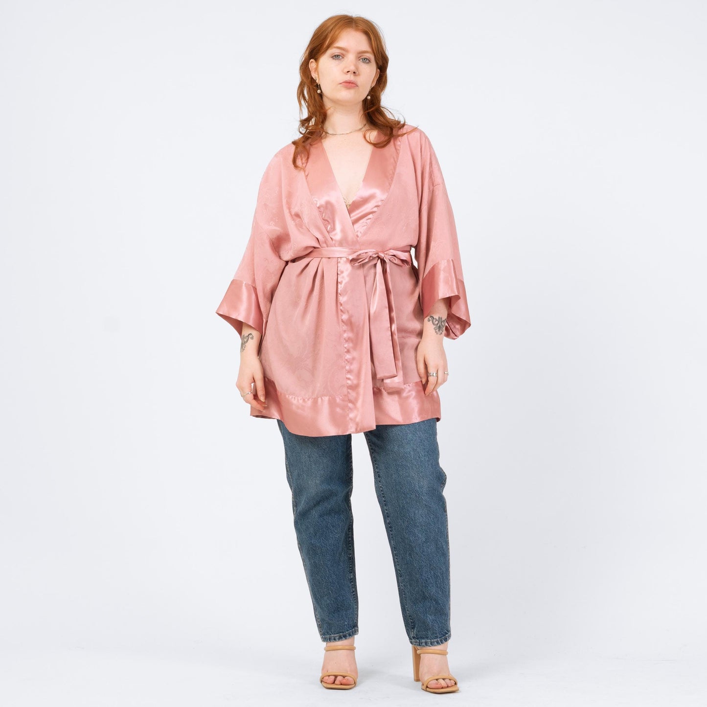 Vintage 90s Victoria's Secret Rose Pink Jacquard Satin Robe - One Size | Boho Loungewear Belted Mini Kimono