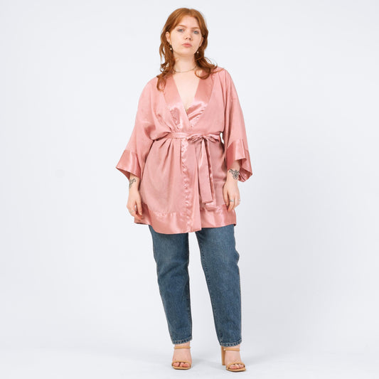 Vintage 90s Victoria's Secret Rose Pink Jacquard Satin Robe - One Size | Boho Loungewear Belted Mini Kimono