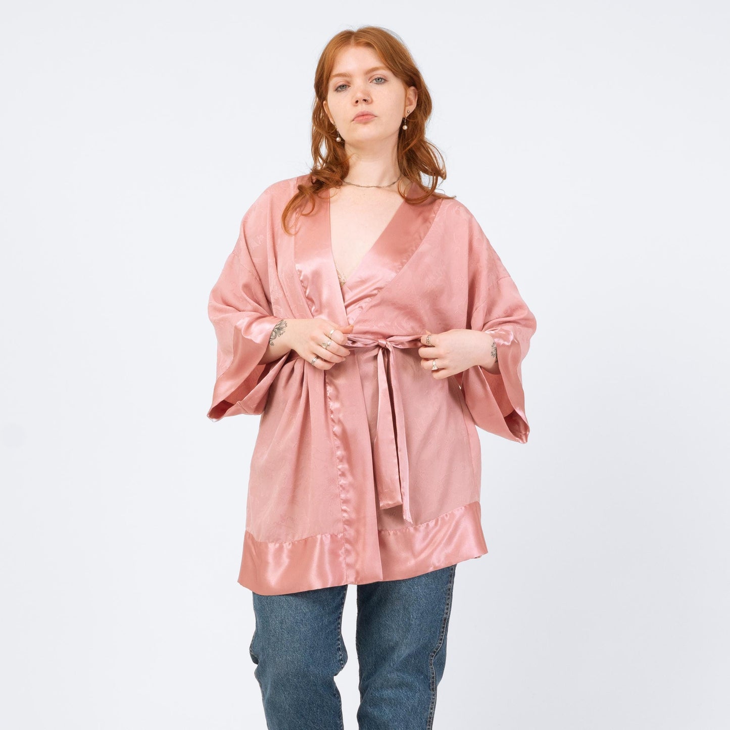 Vintage 90s Victoria's Secret Rose Pink Jacquard Satin Robe - One Size | Boho Loungewear Belted Mini Kimono