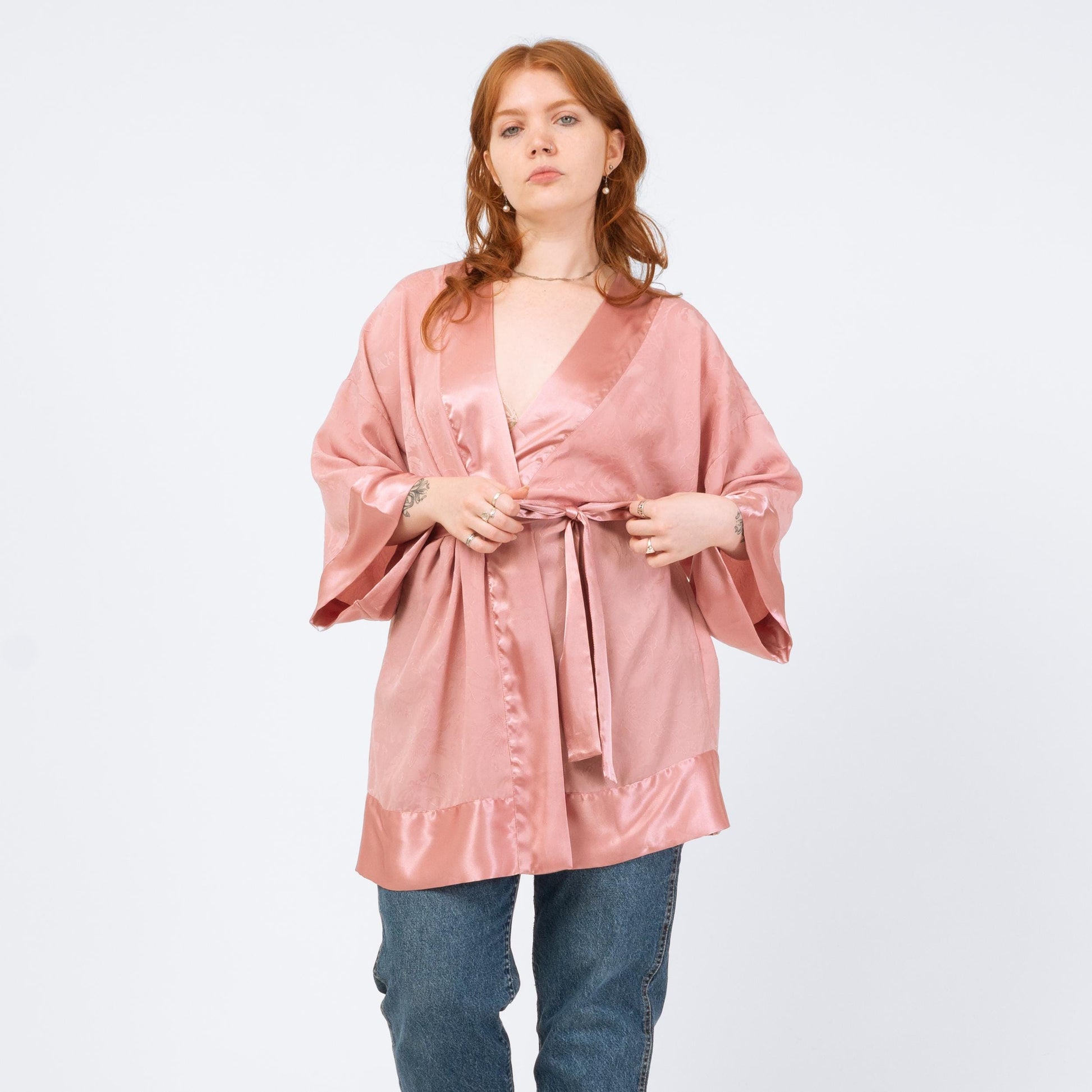 Vintage 90s Victoria's Secret Rose Pink Jacquard Satin Robe - One Size | Boho Loungewear Belted Mini Kimono