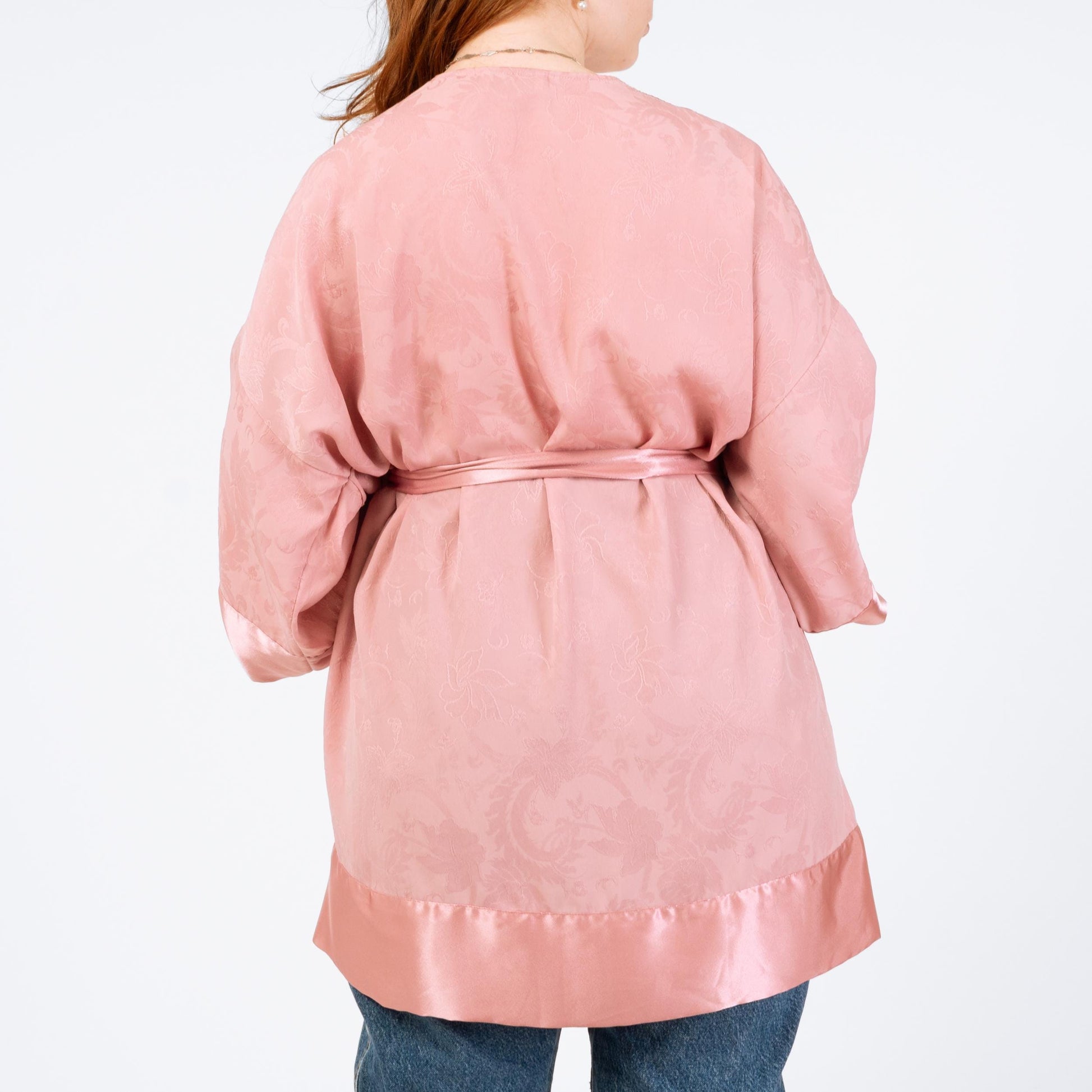 Vintage 90s Victoria's Secret Rose Pink Jacquard Satin Robe - One Size | Boho Loungewear Belted Mini Kimono