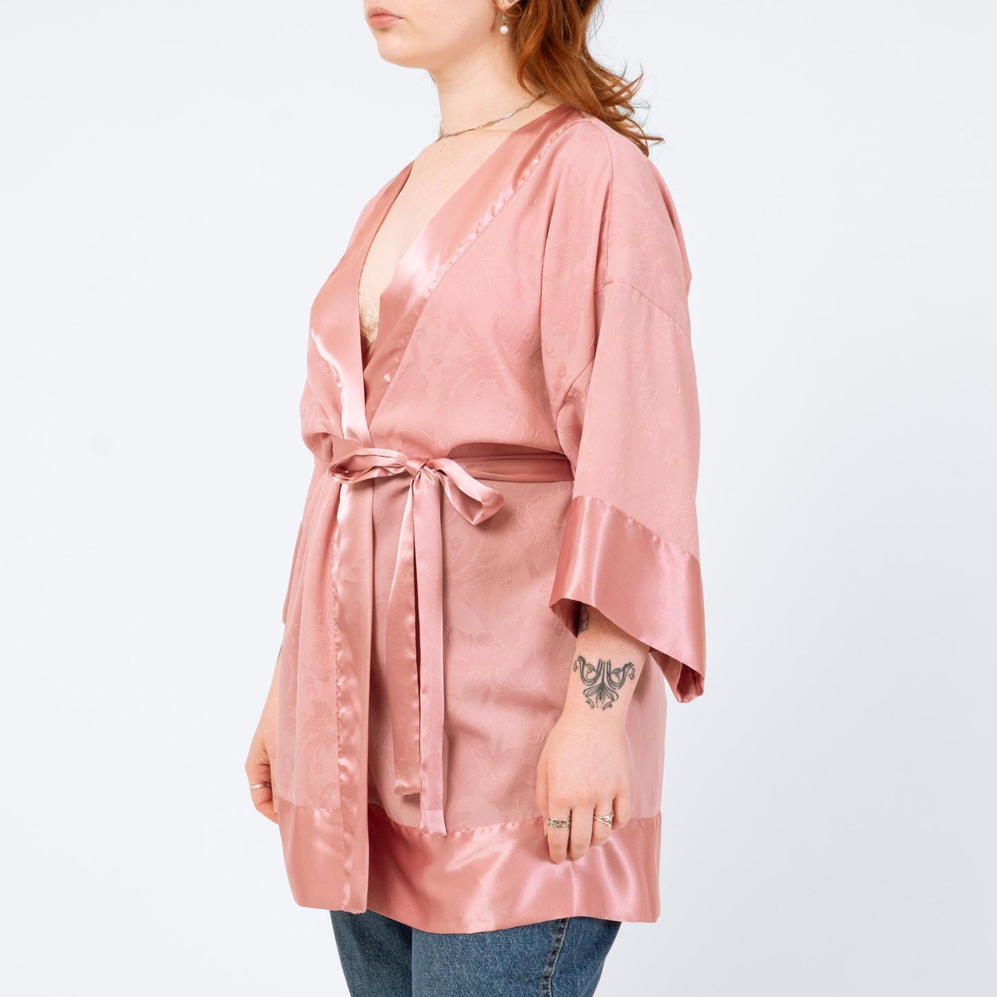 Vintage 90s Victoria's Secret Rose Pink Jacquard Satin Robe - One Size | Boho Loungewear Belted Mini Kimono