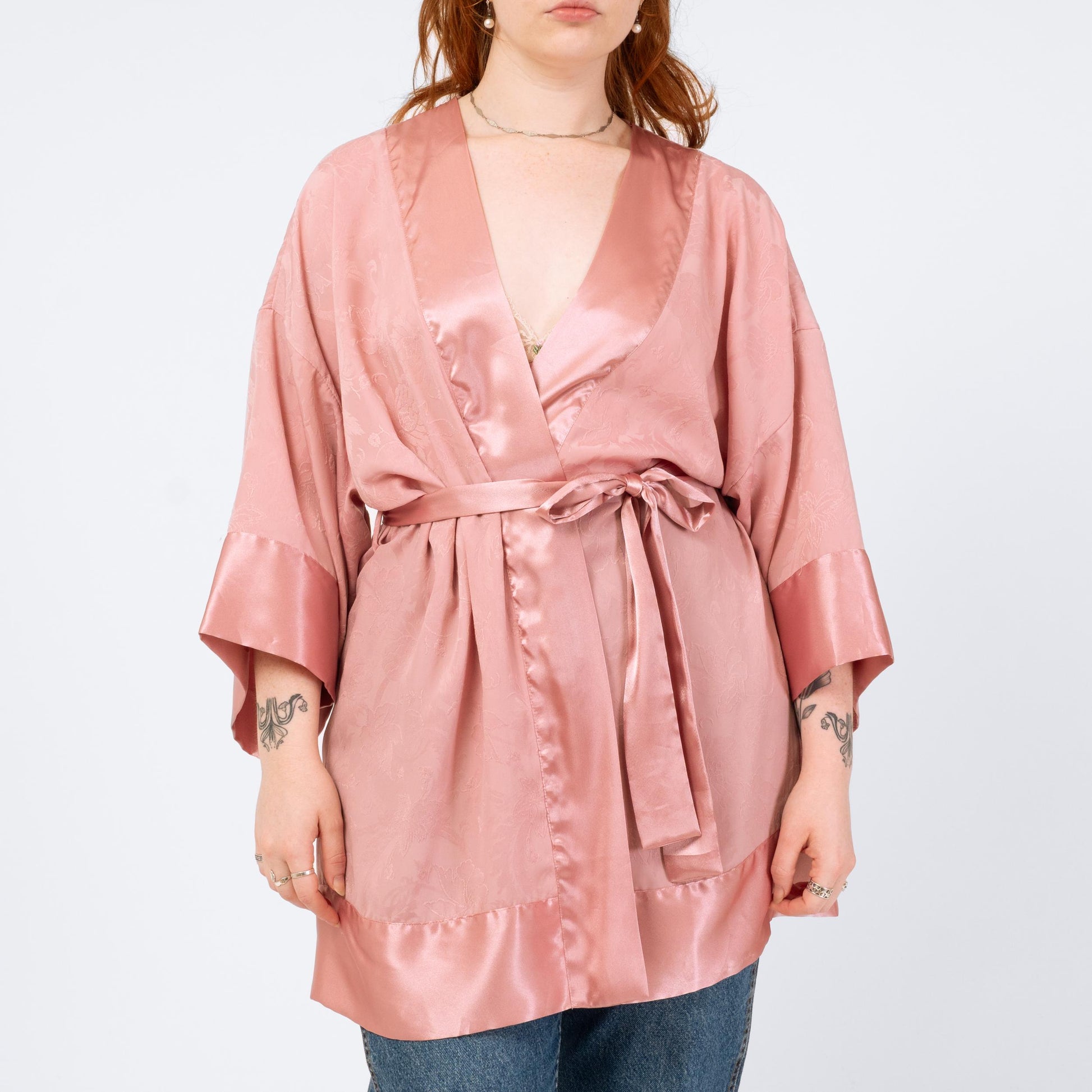 Vintage 90s Victoria's Secret Rose Pink Jacquard Satin Robe - One Size | Boho Loungewear Belted Mini Kimono