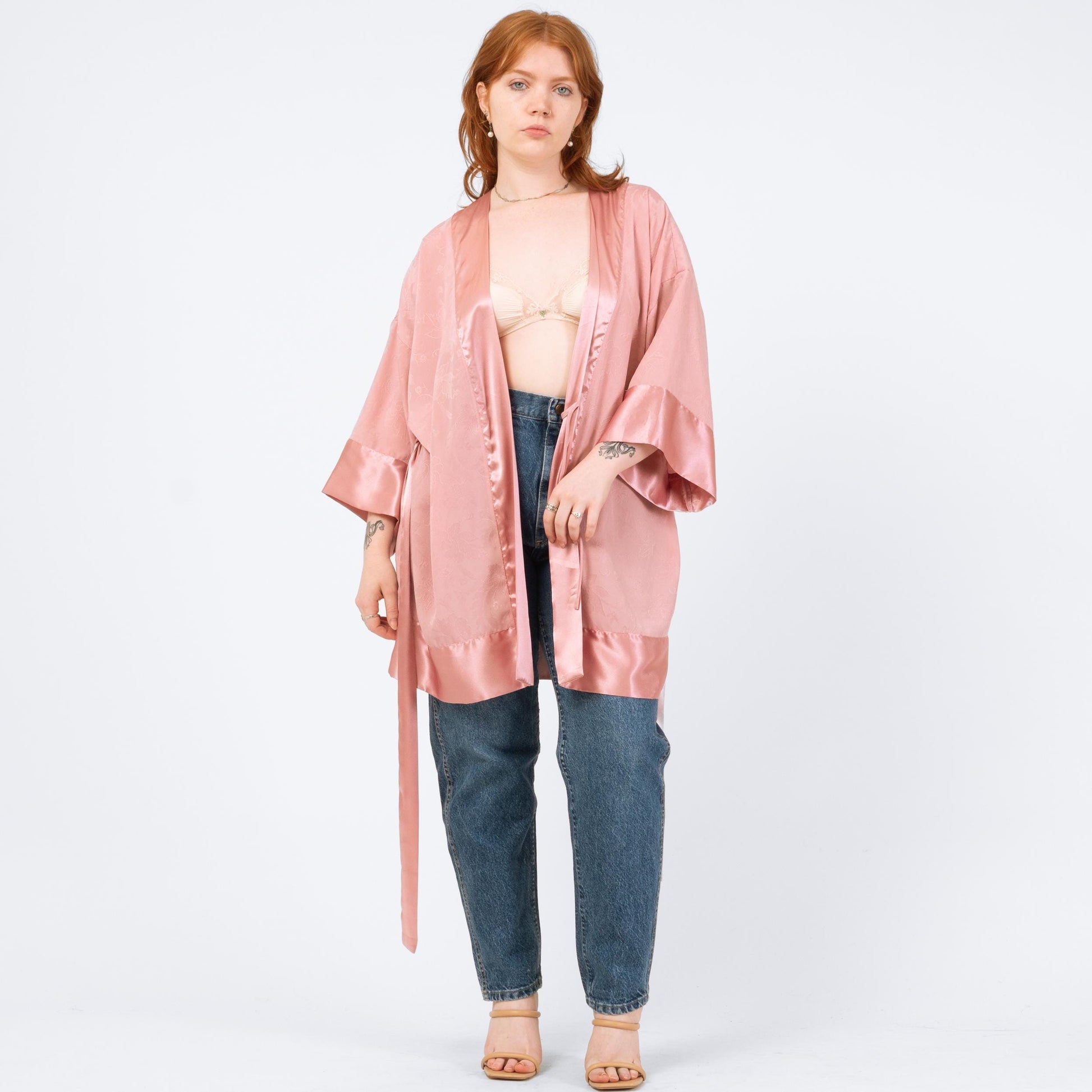 Vintage 90s Victoria's Secret Rose Pink Jacquard Satin Robe - One Size | Boho Loungewear Belted Mini Kimono
