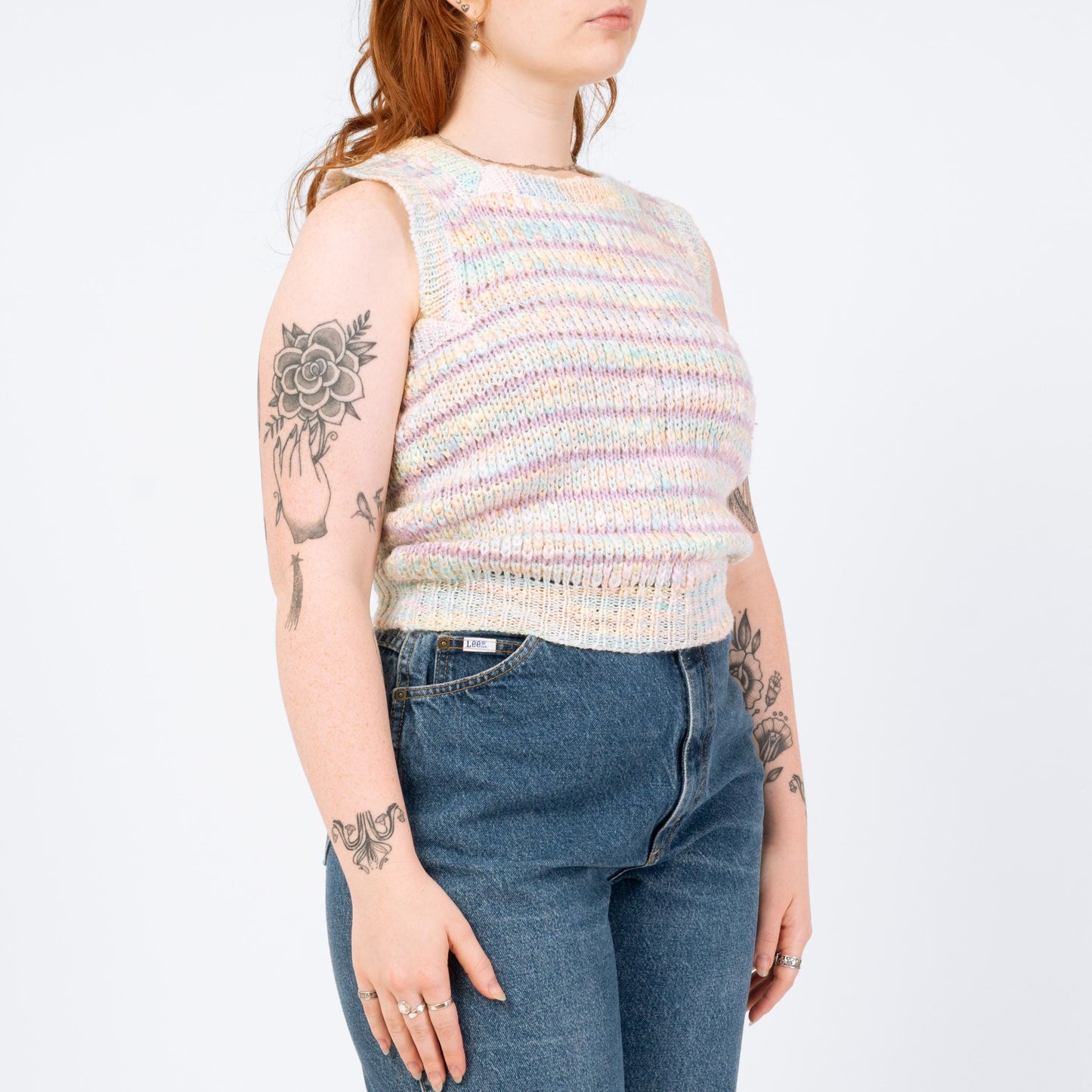 Vintage 80s Pastel Striped Knit Sweater Vest - Medium | Open Weave Sleeveless Top