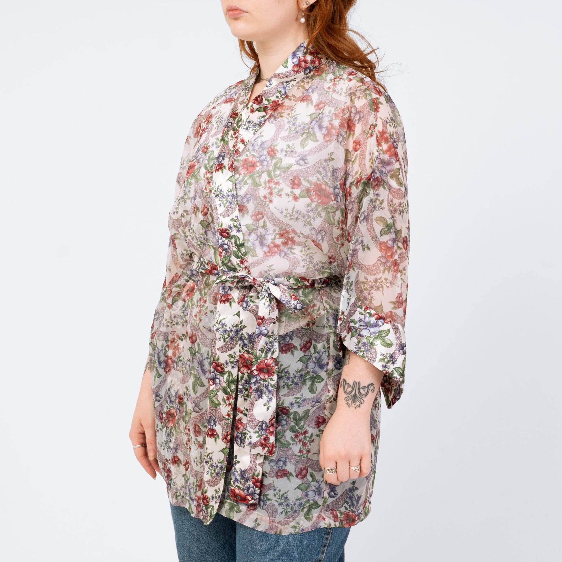 Vintage 90s Victoria's Secret Sheer Floral Mini Robe - One Size | Boho Satin Trim Loungewear Kimono
