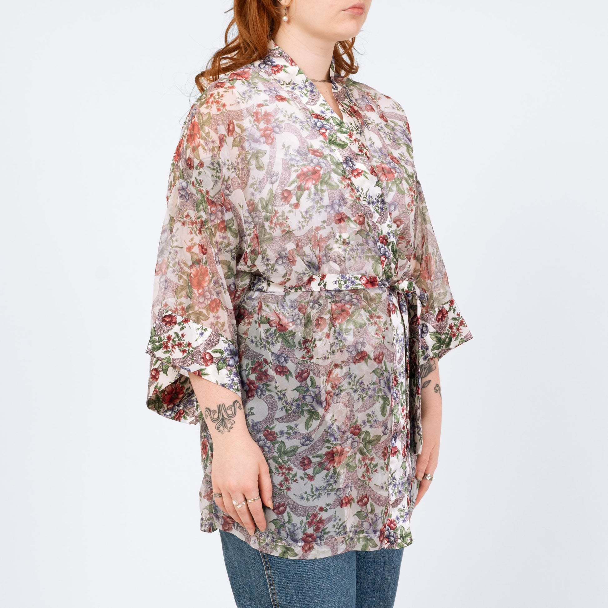 Vintage 90s Victoria's Secret Sheer Floral Mini Robe - One Size | Boho Satin Trim Loungewear Kimono