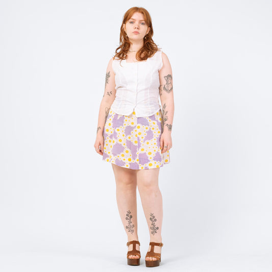 Vintage Purple Daisy Floral Mini Skirt - Medium | 70s 80s Boho Handmade Skirt