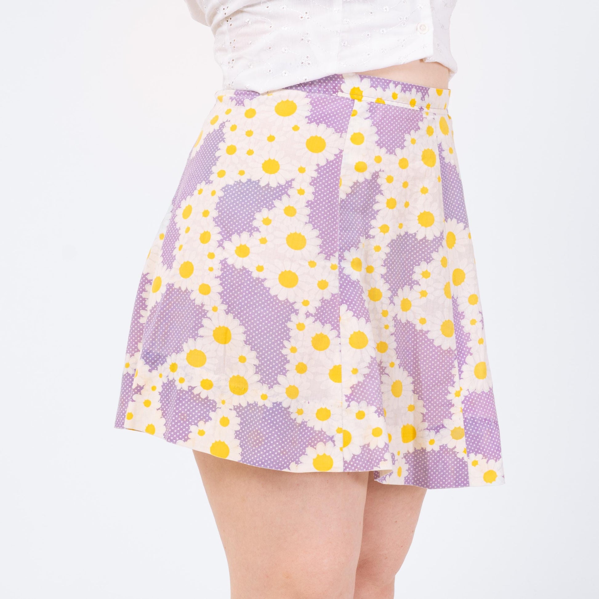 Vintage Purple Daisy Floral Mini Skirt - Medium | 70s 80s Boho Handmade Skirt