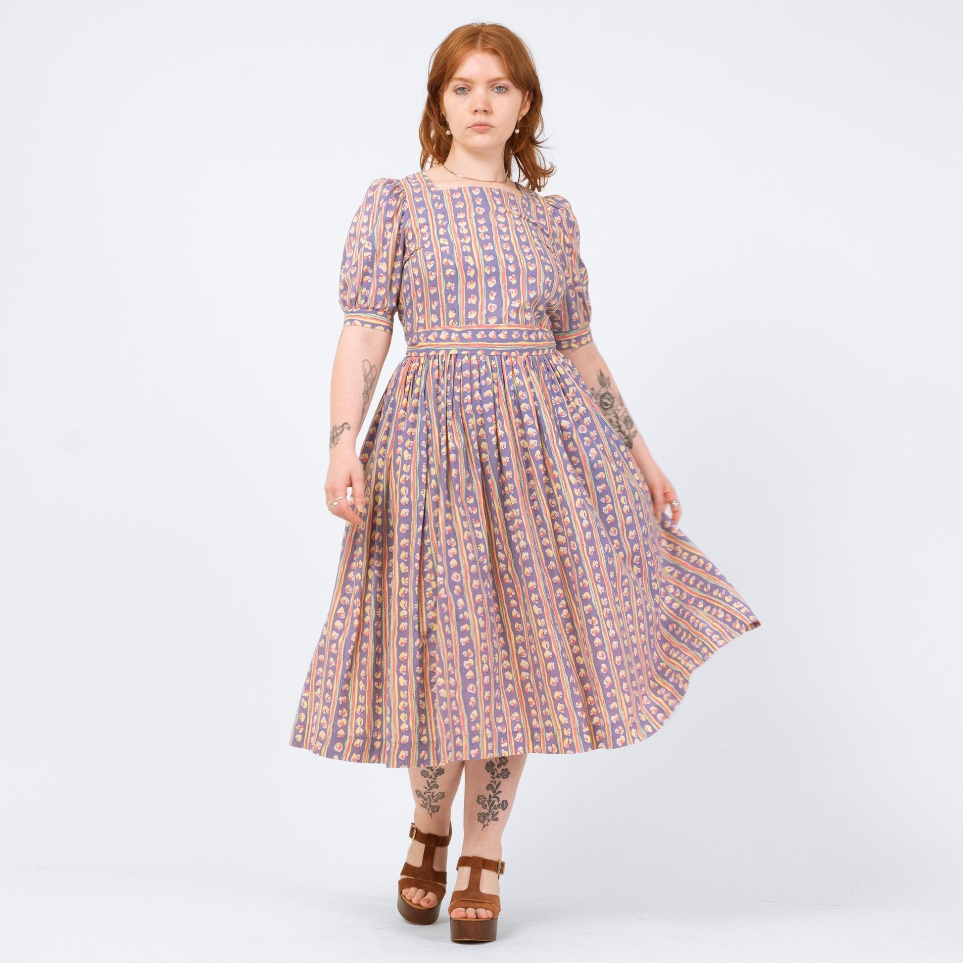 Vintage 80s Laura Ashley Purple Striped Midi Dress - Medium | Retro Puff Sleeve Abstract Print Midi Dress