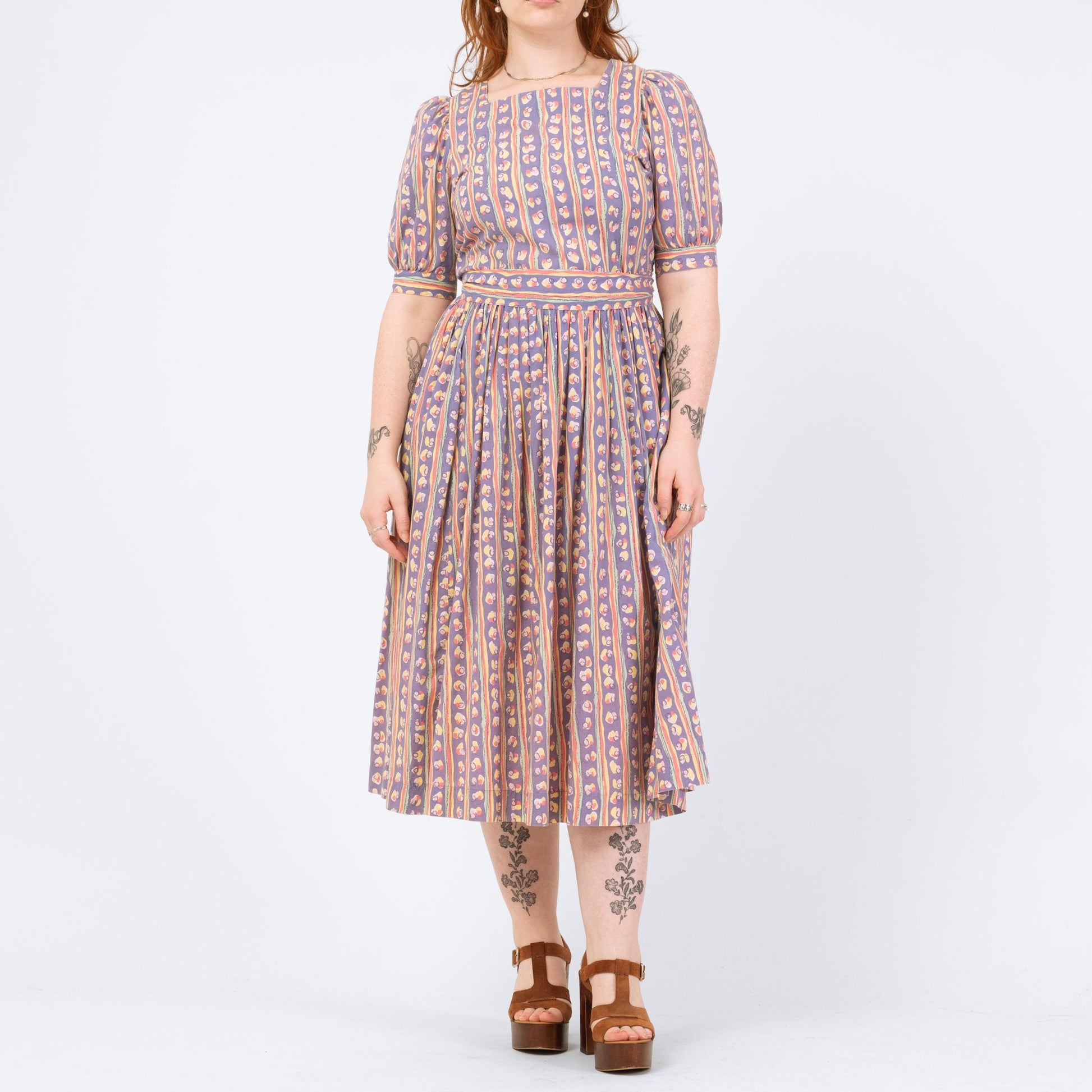 Vintage 80s Laura Ashley Purple Striped Midi Dress - Medium | Retro Puff Sleeve Abstract Print Midi Dress