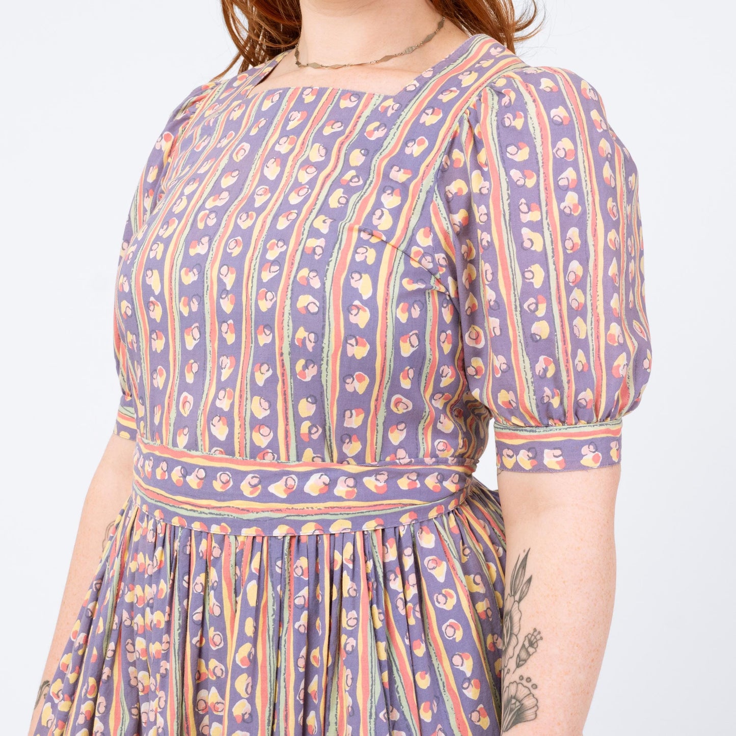 Vintage 80s Laura Ashley Purple Striped Midi Dress - Medium | Retro Puff Sleeve Abstract Print Midi Dress