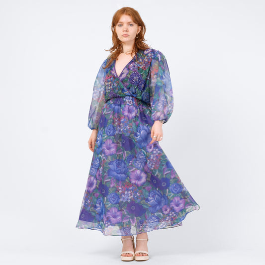 Vintage 80s Diane Freis Purple Floral Beaded Dress - Large | Georgette Crepe Long Sleeve Designer Maxi Dress