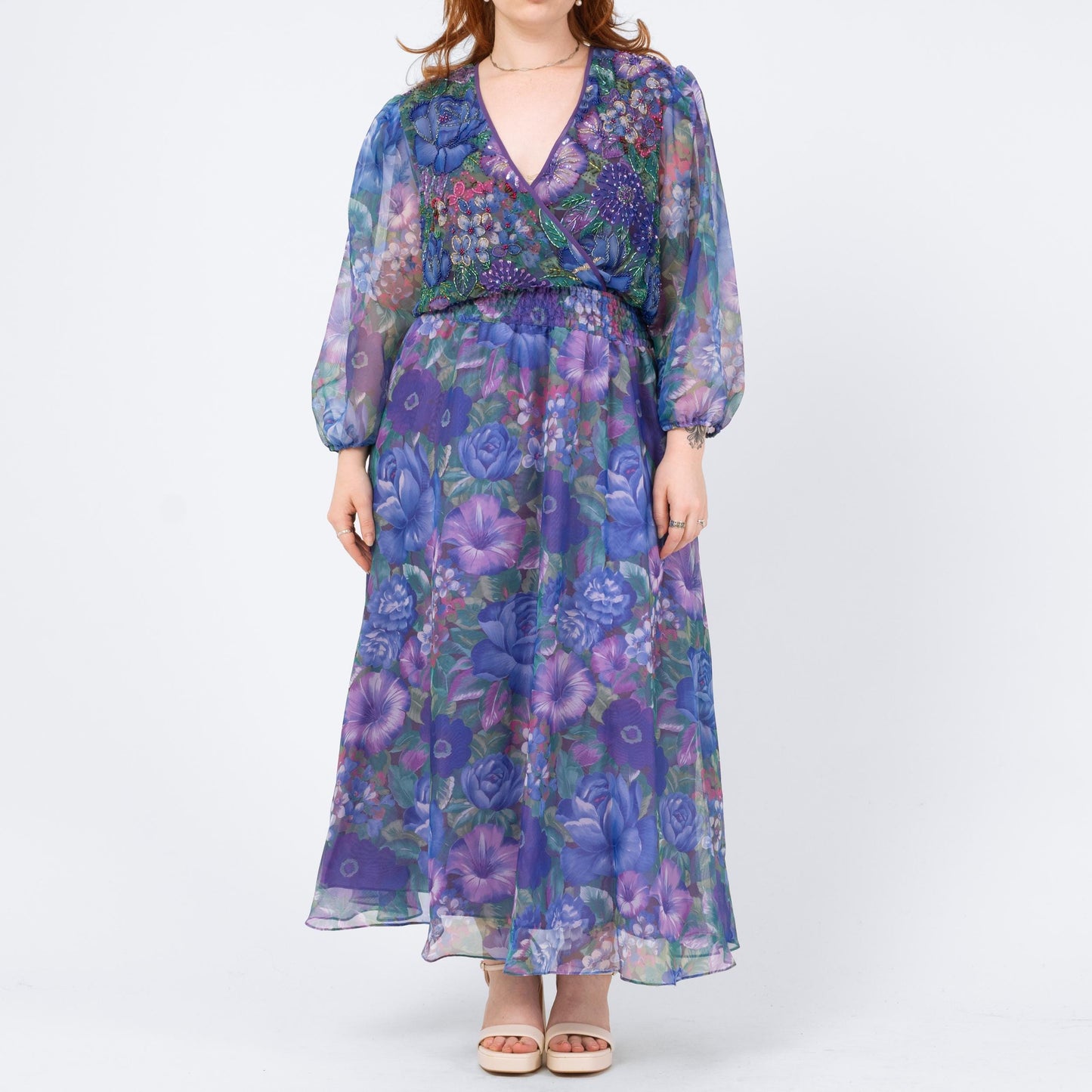 Vintage 80s Diane Freis Purple Floral Beaded Dress - Large | Georgette Crepe Long Sleeve Designer Maxi Dress