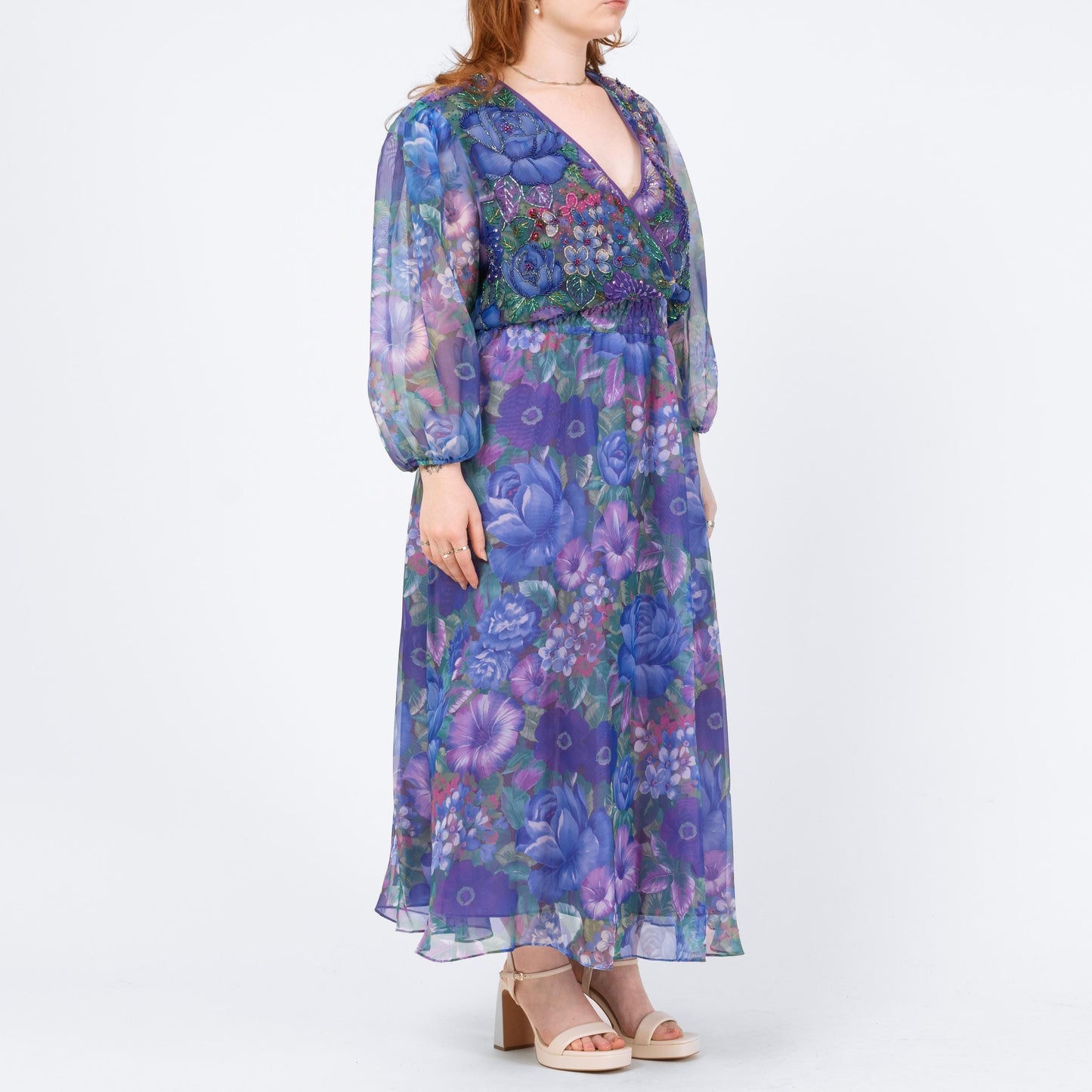 Vintage 80s Diane Freis Purple Floral Beaded Dress - Large | Georgette Crepe Long Sleeve Designer Maxi Dress