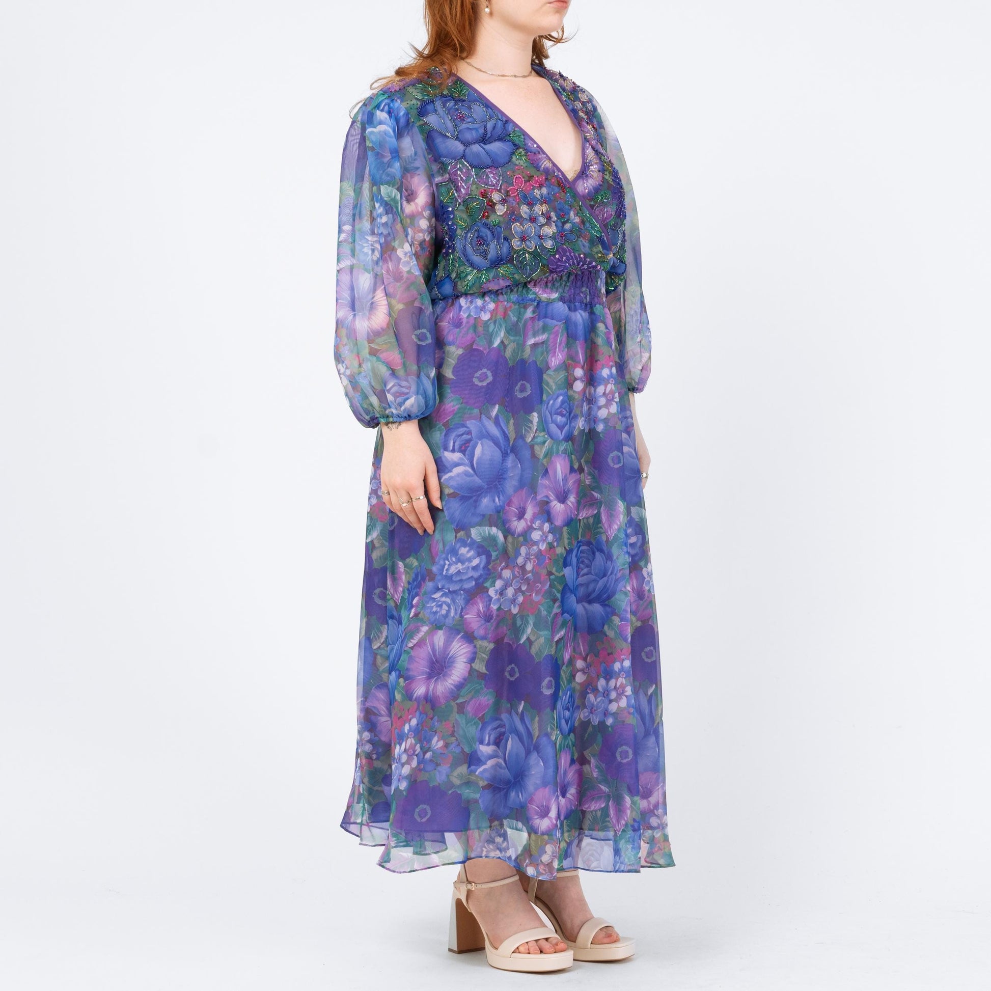 Vintage 80s Diane Freis Purple Floral Beaded Dress - Large | Georgette Crepe Long Sleeve Designer Maxi Dress